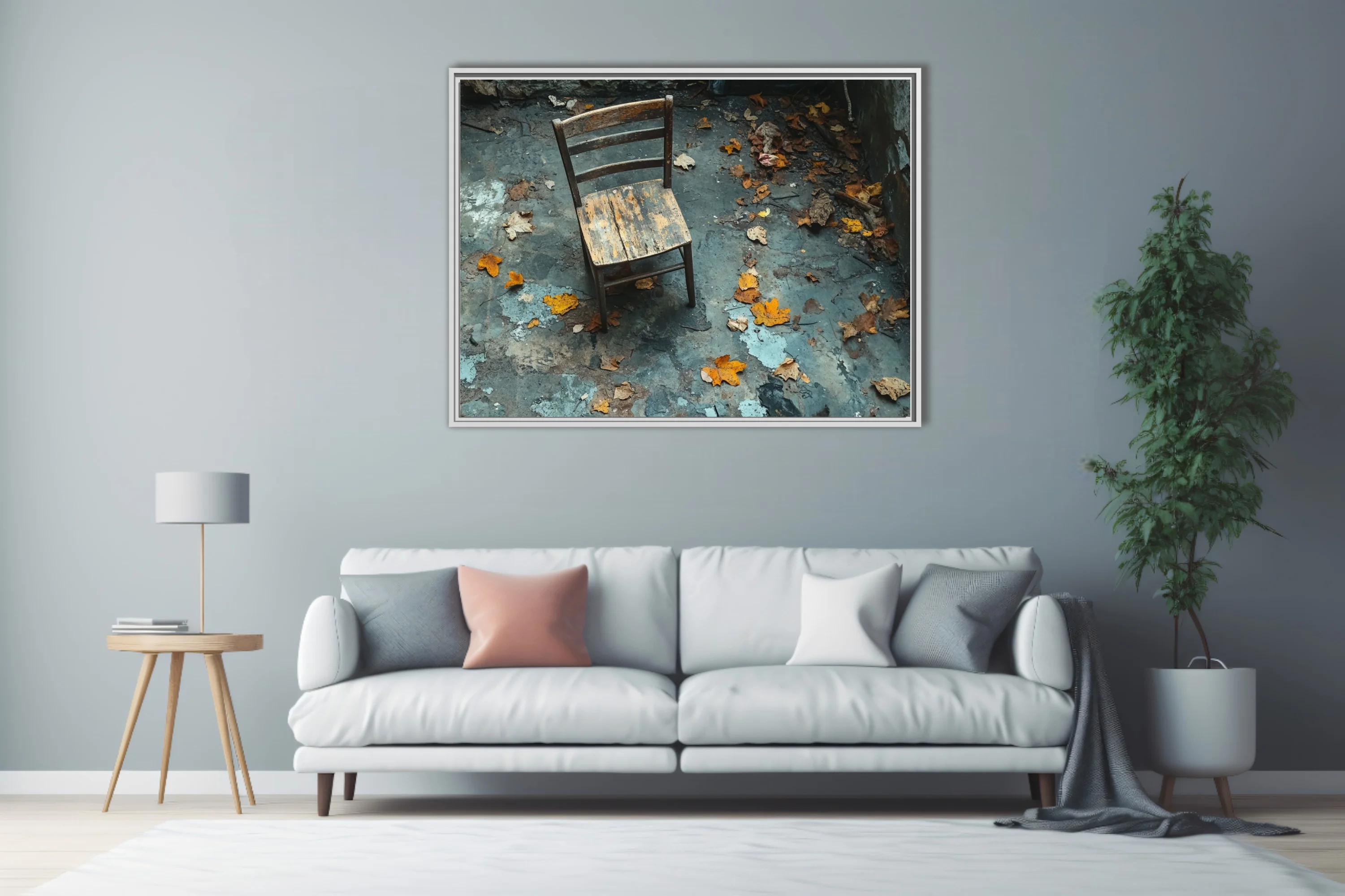 Weathered wooden chair among autumn leaves in abandoned decayed interior, moody blue-grey tones