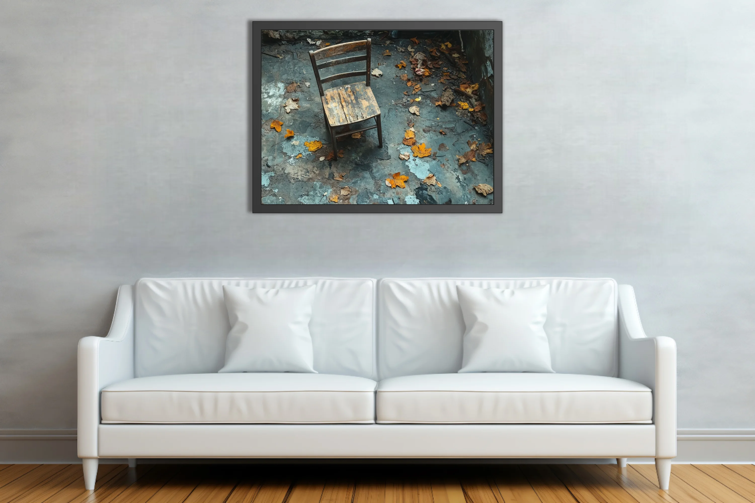 Weathered wooden chair among autumn leaves in abandoned decayed interior, moody blue-grey tones