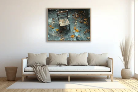 Weathered wooden chair among autumn leaves in abandoned decayed interior, moody blue-grey tones
