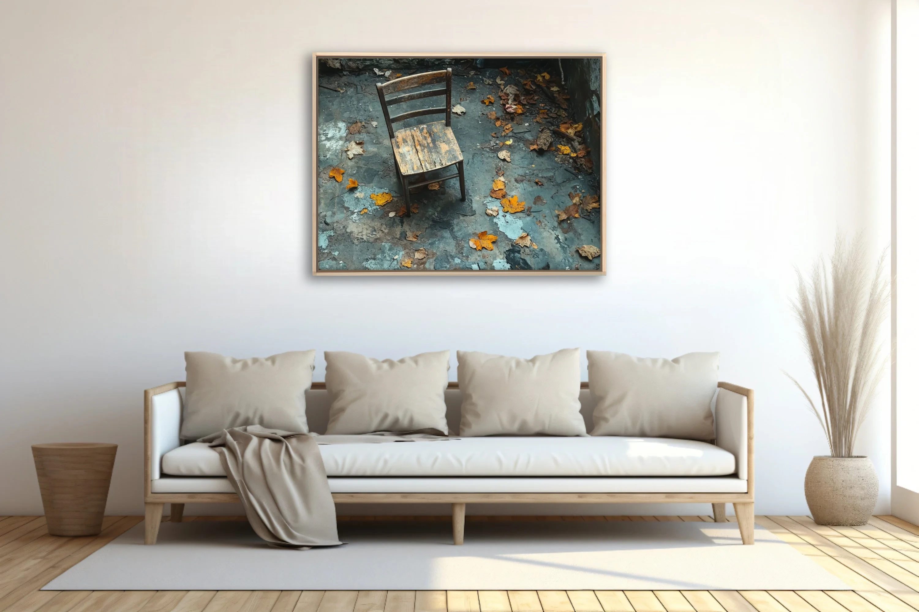 Weathered wooden chair among autumn leaves in abandoned decayed interior, moody blue-grey tones