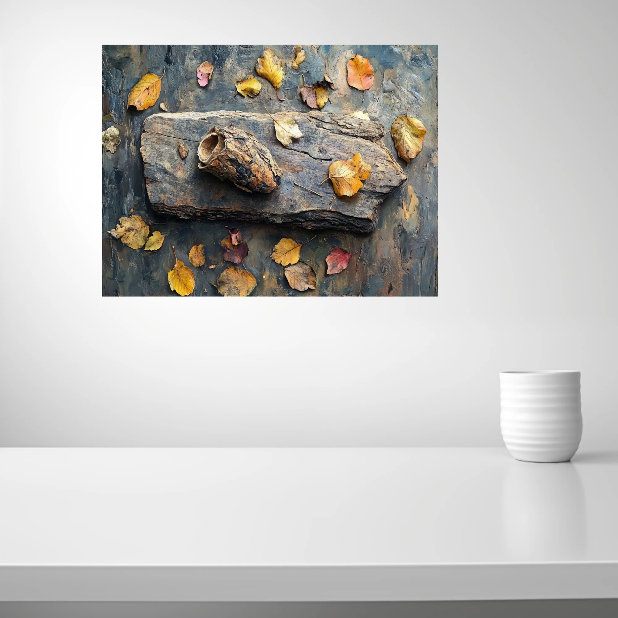 Autumn still life with driftwood, dried leaves, earthy ochres and steel blue