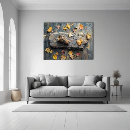 Autumn still life with driftwood, dried leaves, earthy ochres and steel blue