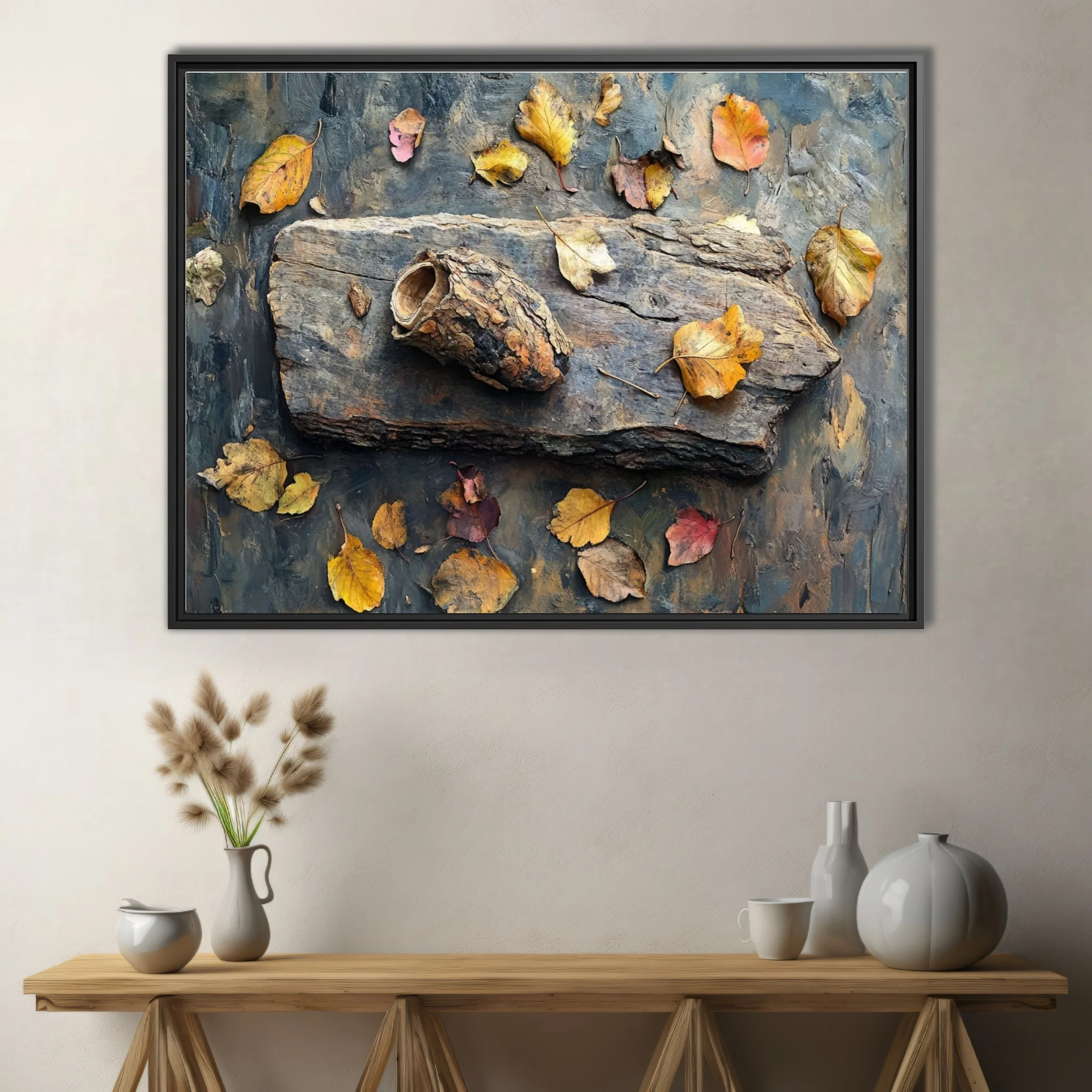 Autumn still life with driftwood, dried leaves, earthy ochres and steel blue