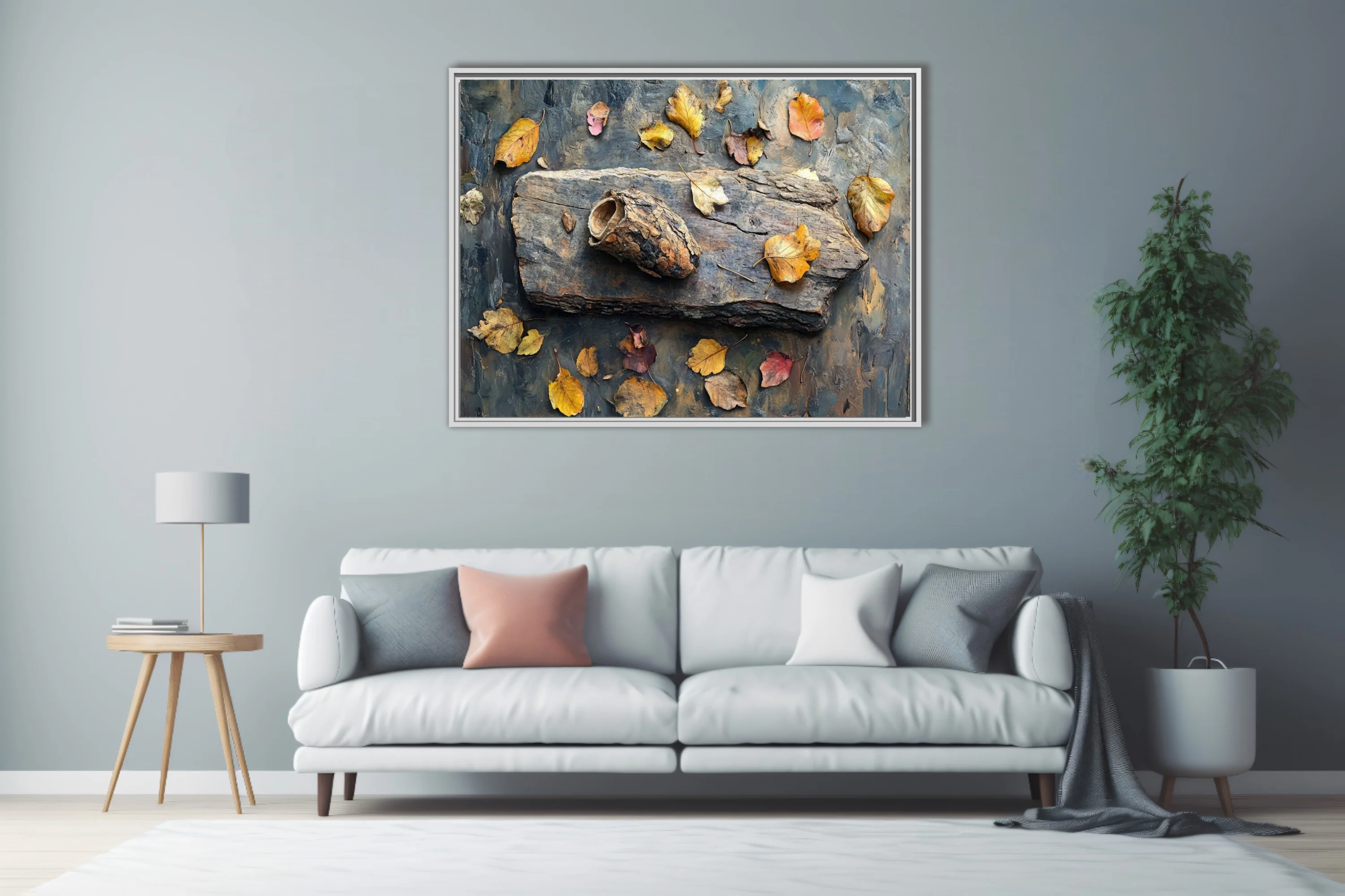 Autumn still life with driftwood, dried leaves, earthy ochres and steel blue