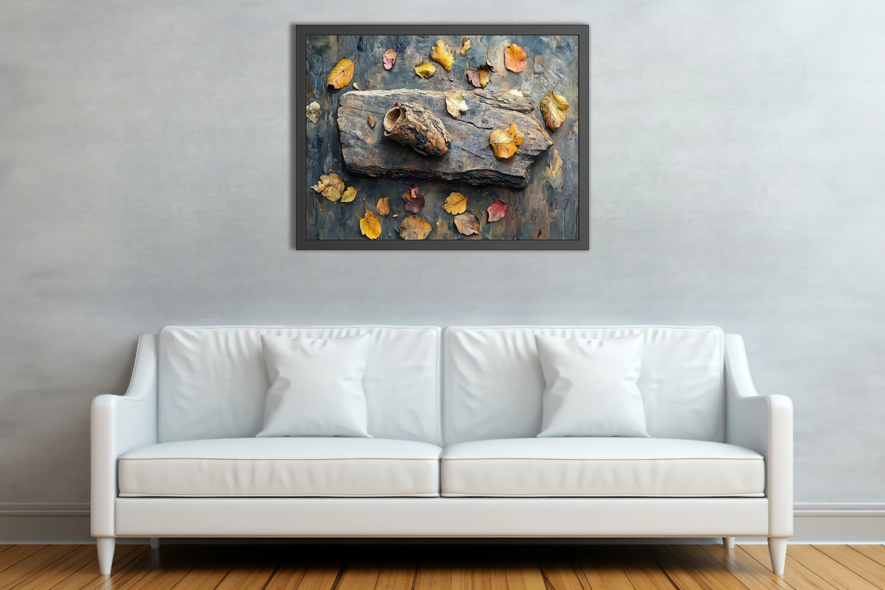 Autumn still life with driftwood, dried leaves, earthy ochres and steel blue