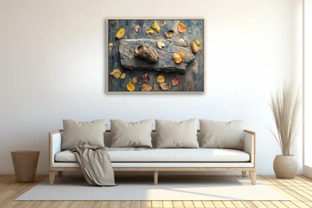 Autumn still life with driftwood, dried leaves, earthy ochres and steel blue