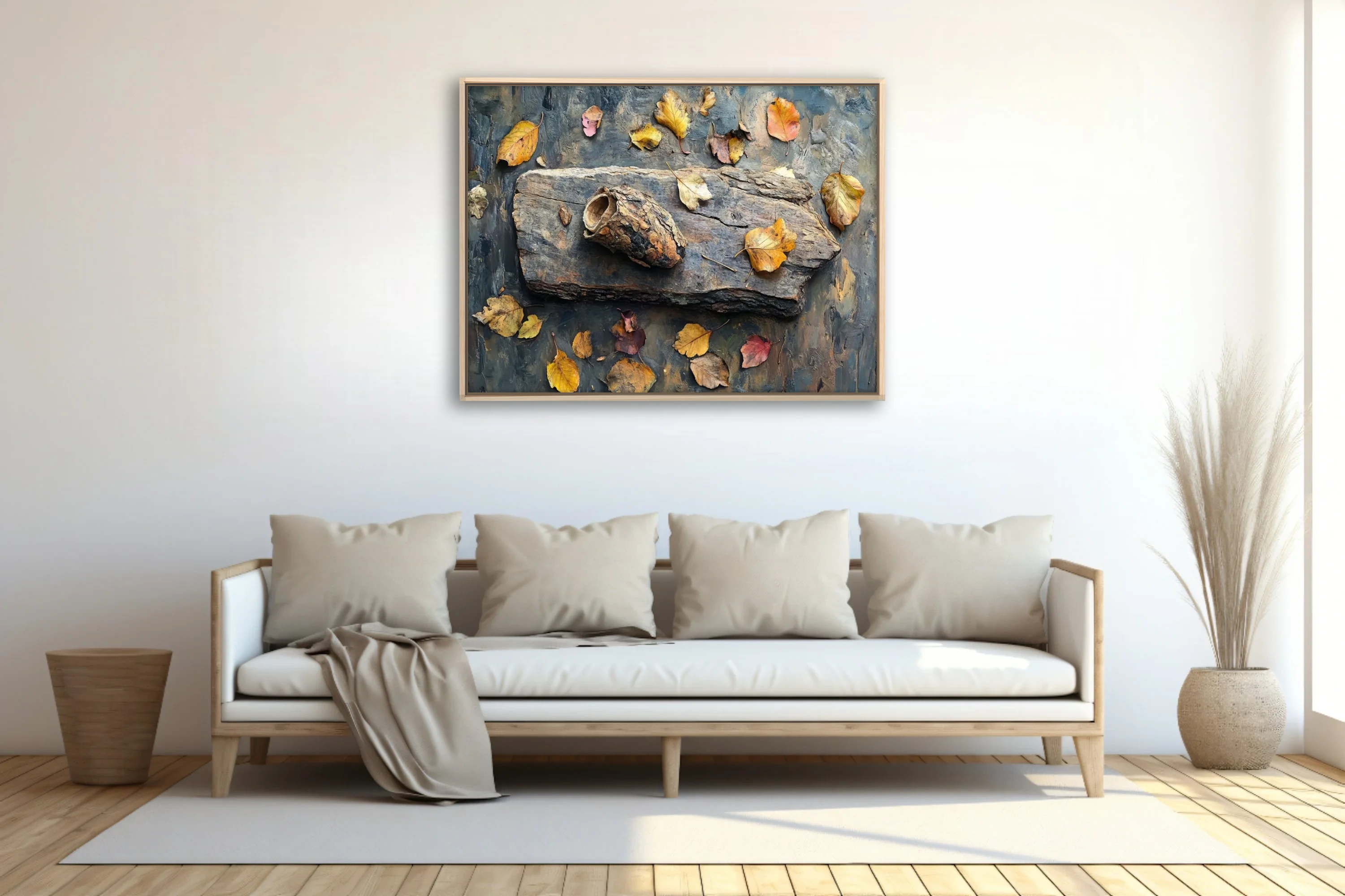 Autumn still life with driftwood, dried leaves, earthy ochres and steel blue