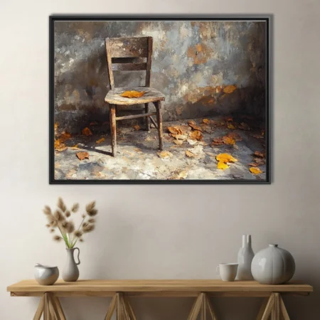 Rustic wooden chair with fallen autumn leaves, still life in ochre and stone-grey tones