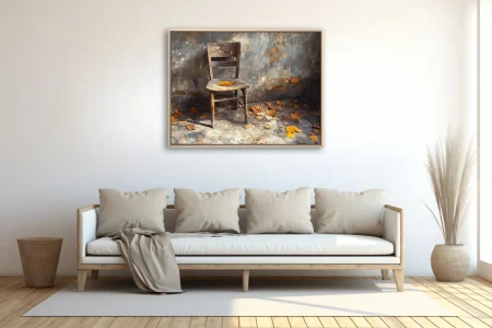 Rustic wooden chair with fallen autumn leaves, still life in ochre and stone-grey tones