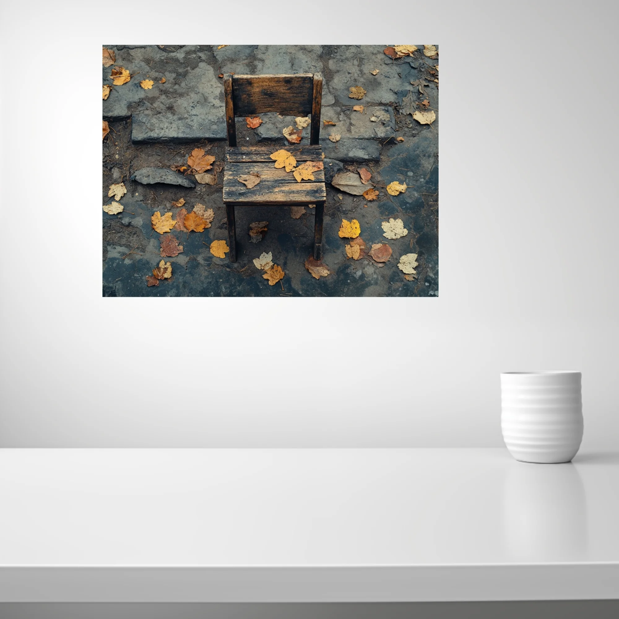 Weathered wooden chair on stone pavement with scattered autumn leaves, moody earth tones