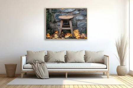 Rustic wooden stool with autumn leaves against aged stone wall, warm earthy tones