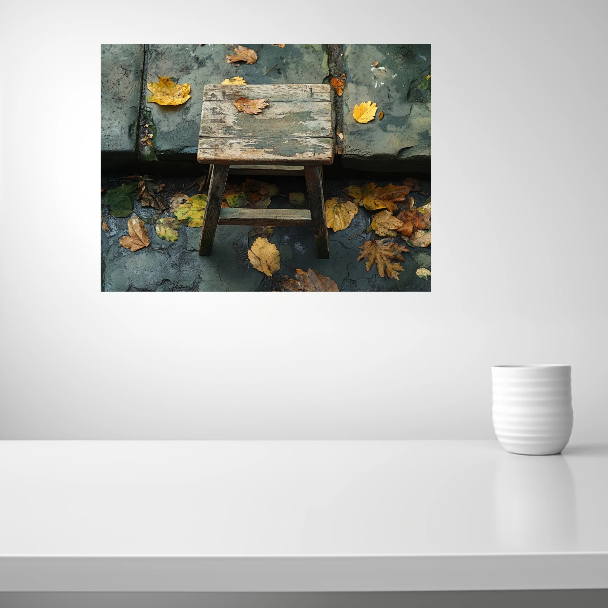 Rustic weathered wooden stool with fallen autumn leaves on aged stone