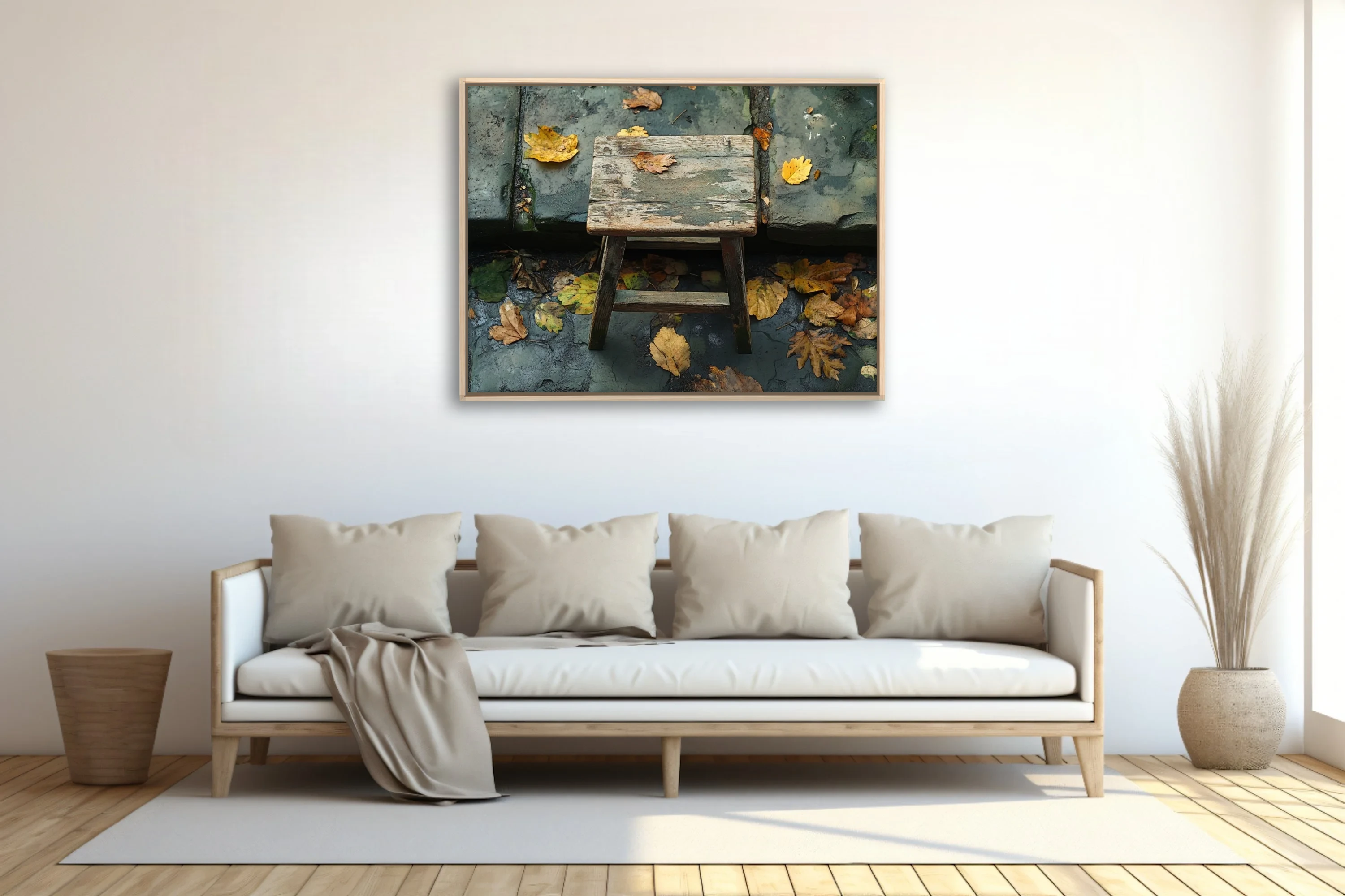 Rustic weathered wooden stool with fallen autumn leaves on aged stone