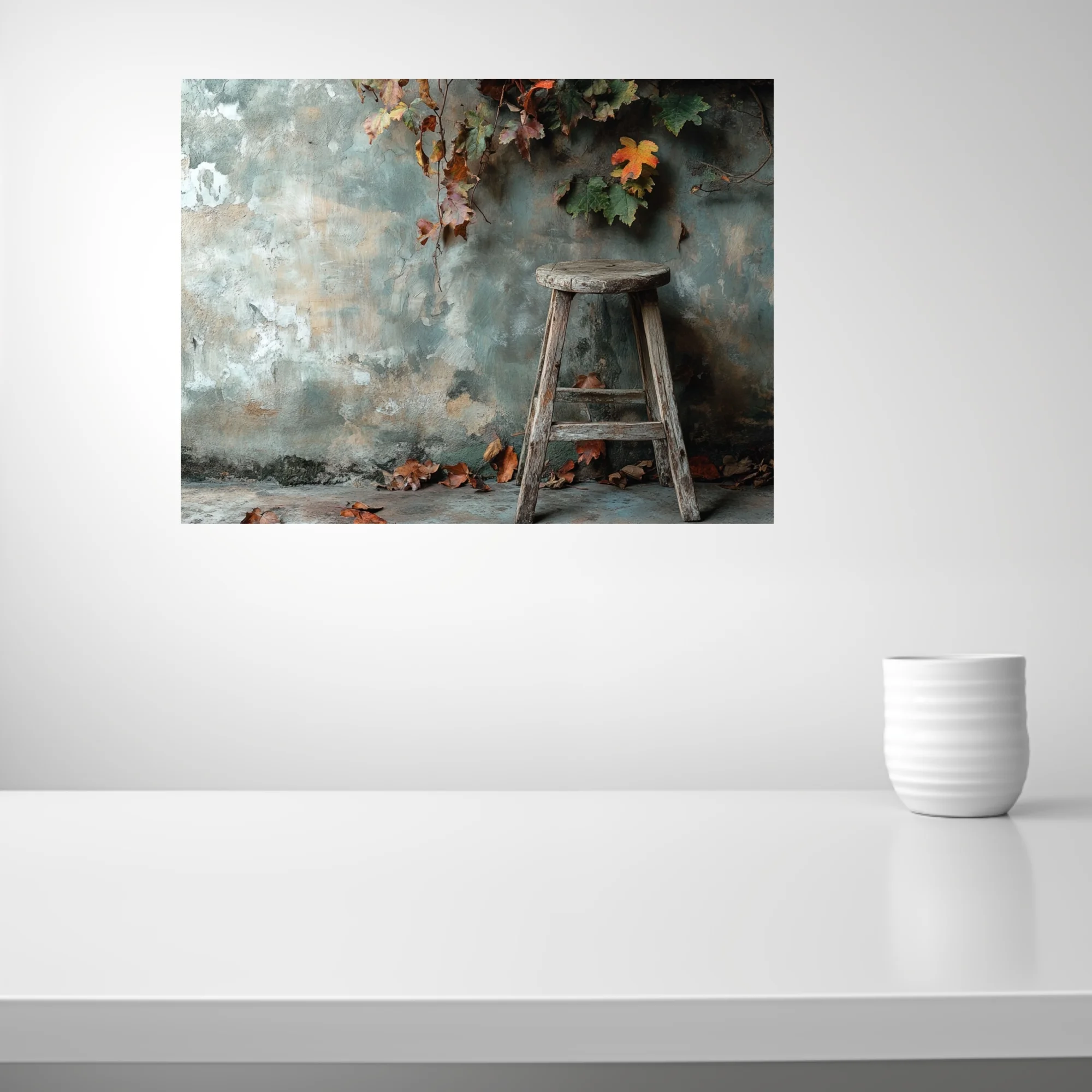 Rustic autumn still-life, aged wooden stool, peeling plaster wall, fallen leaves, earthy tones