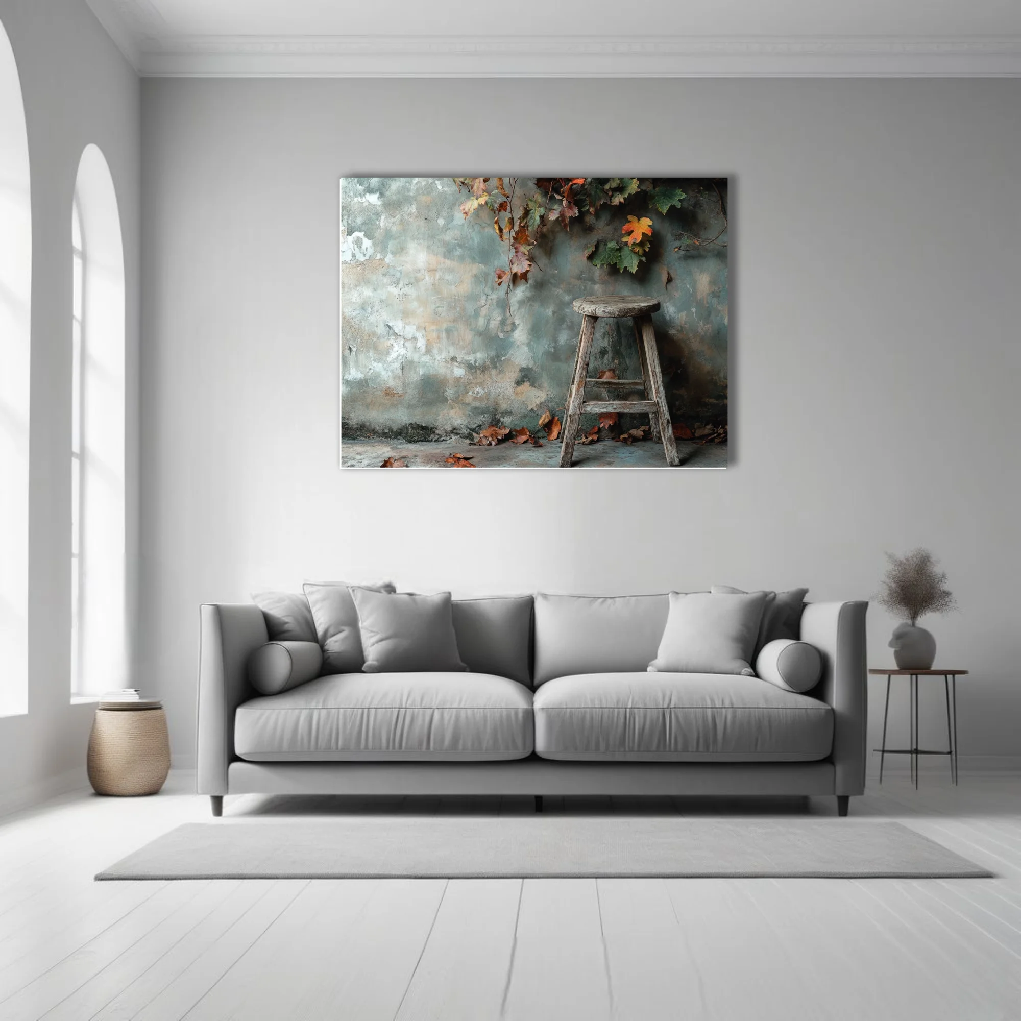 Rustic autumn still-life, aged wooden stool, peeling plaster wall, fallen leaves, earthy tones