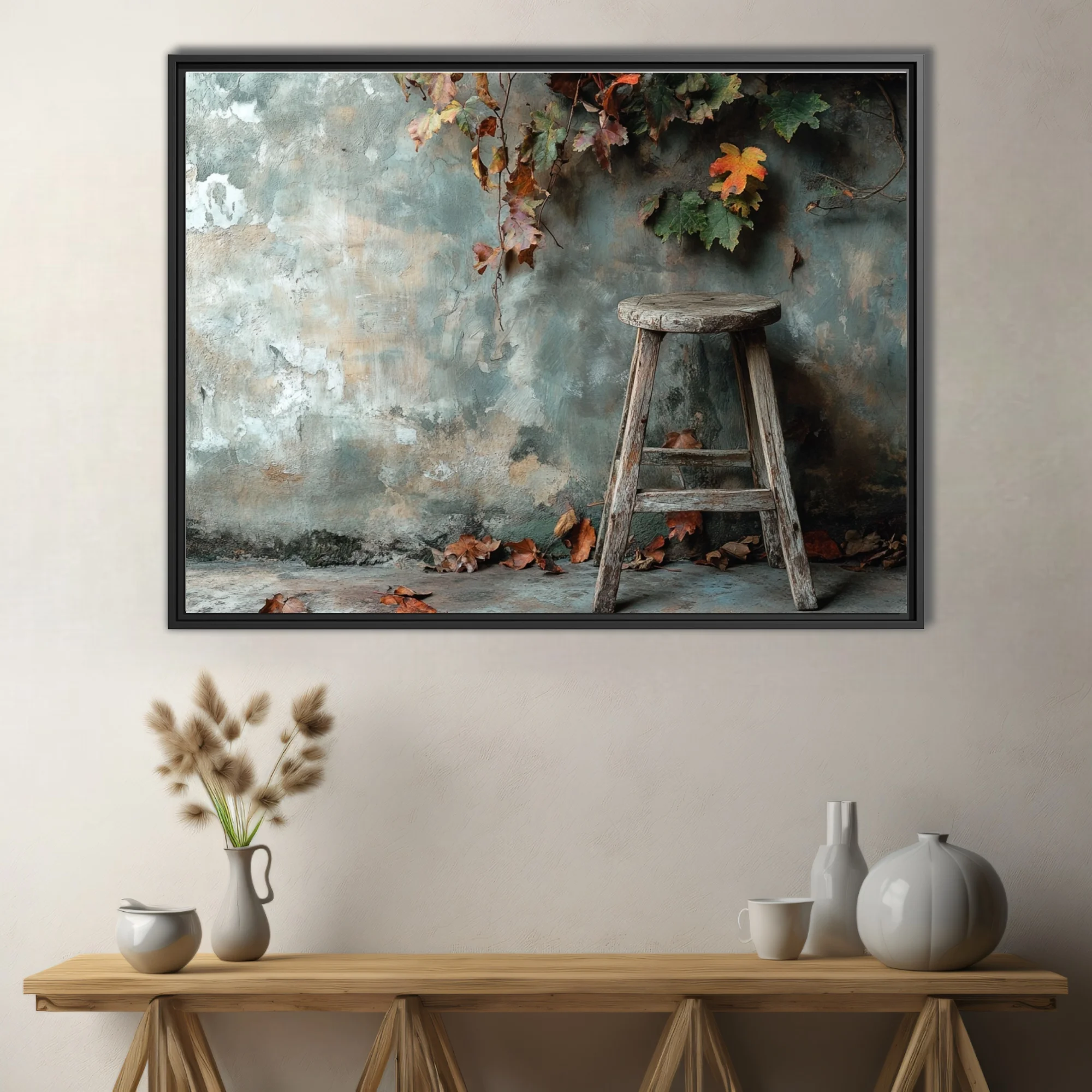 Rustic autumn still-life, aged wooden stool, peeling plaster wall, fallen leaves, earthy tones