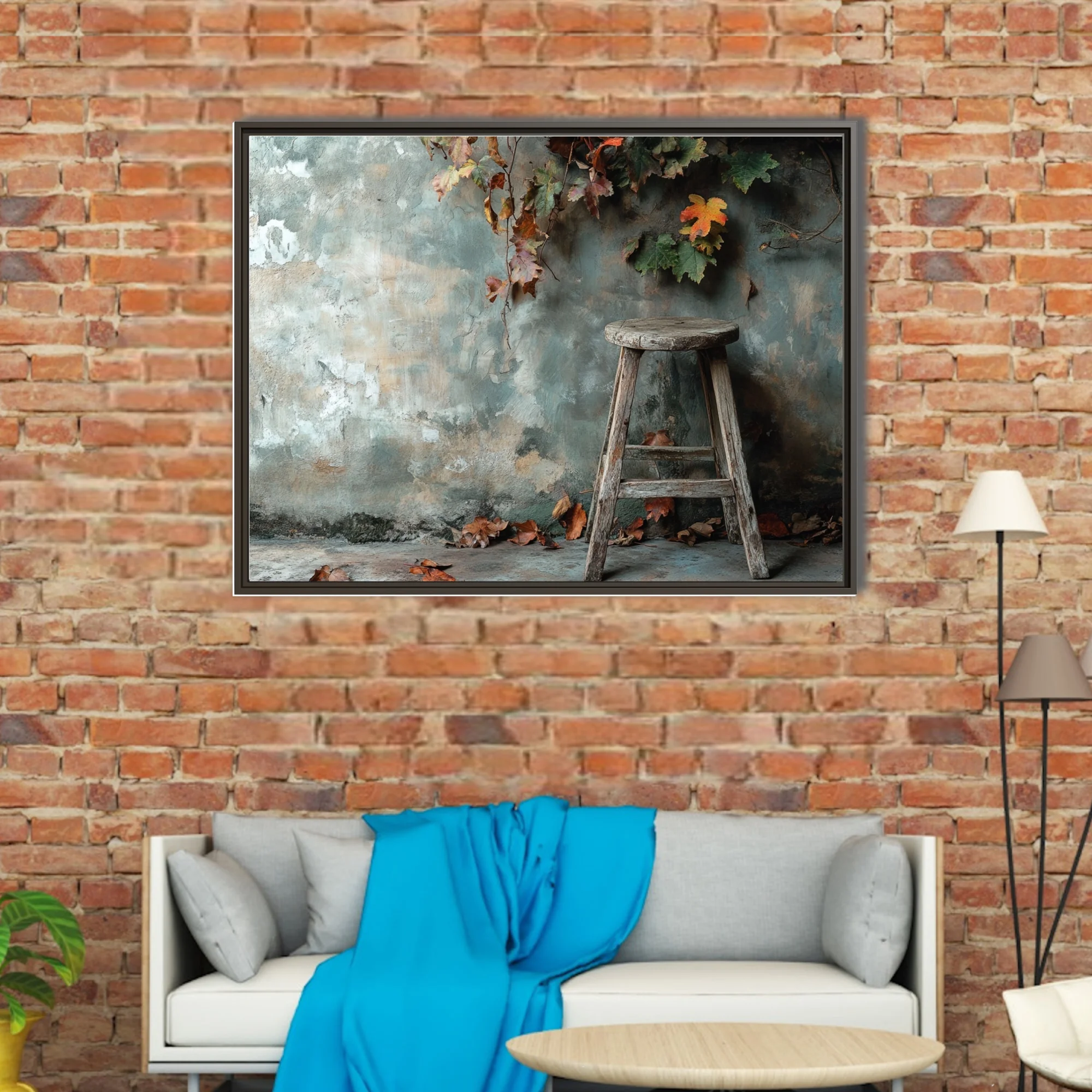 Rustic autumn still-life, aged wooden stool, peeling plaster wall, fallen leaves, earthy tones