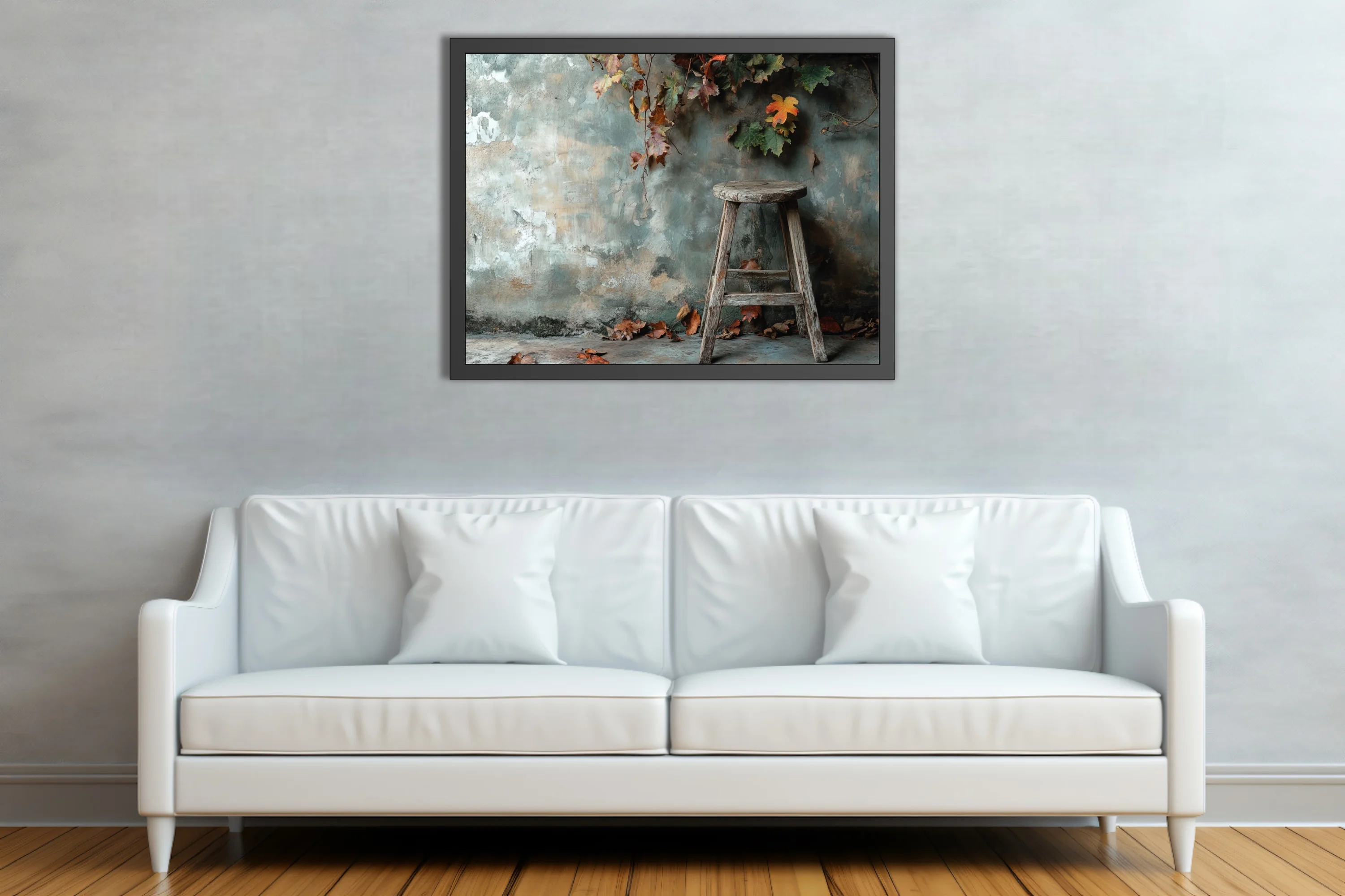 Rustic autumn still-life, aged wooden stool, peeling plaster wall, fallen leaves, earthy tones