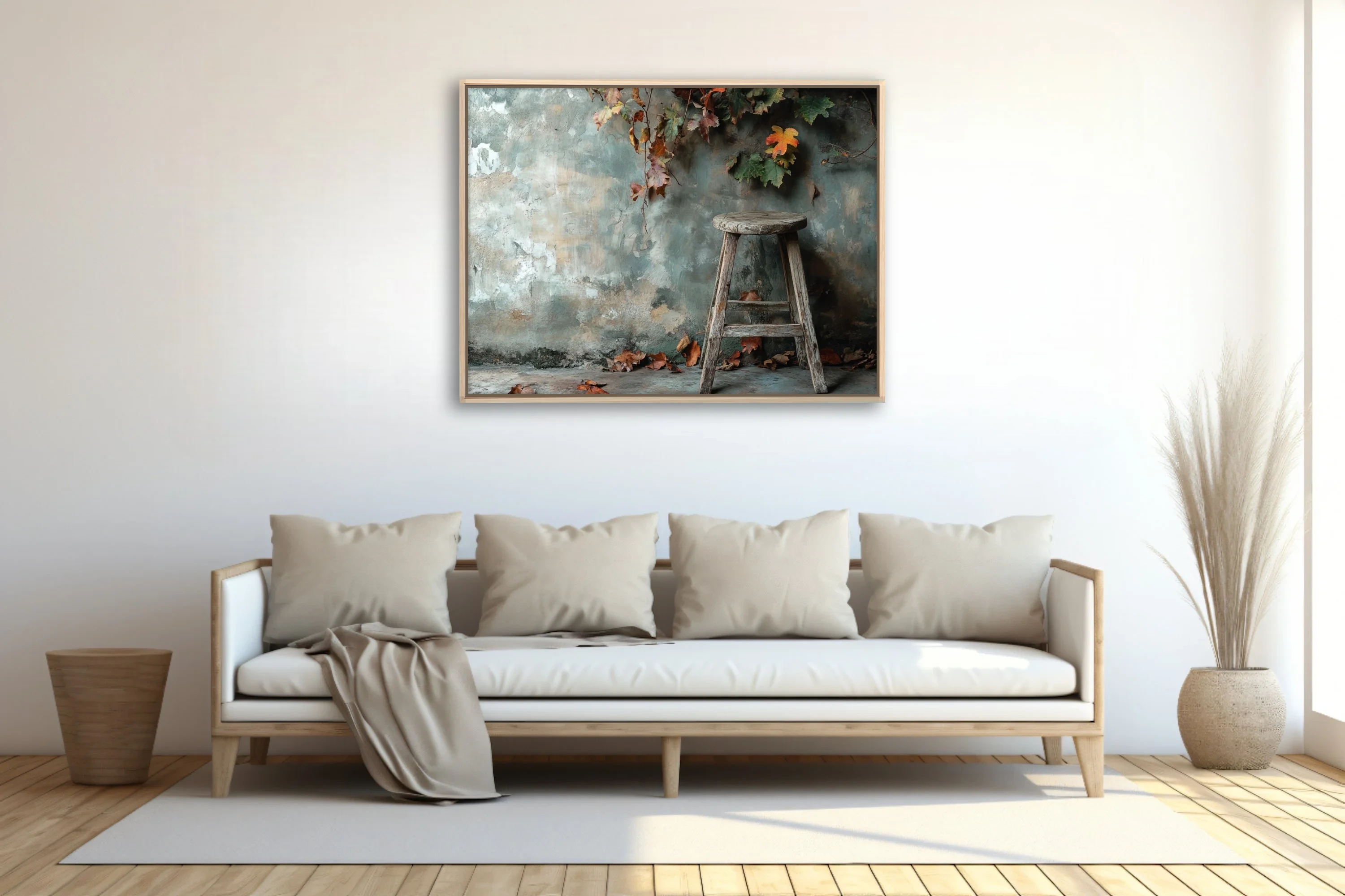 Rustic autumn still-life, aged wooden stool, peeling plaster wall, fallen leaves, earthy tones