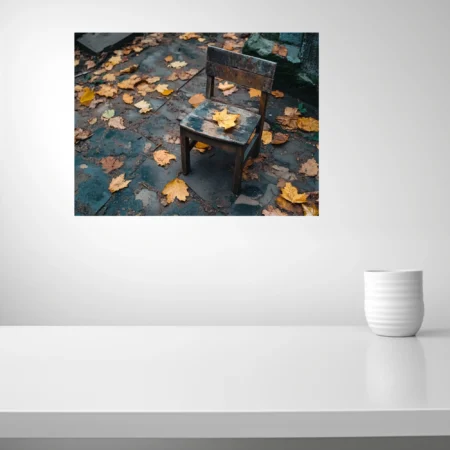 Weathered wooden chair with autumn leaves on mossy stone paving, moody fall palette