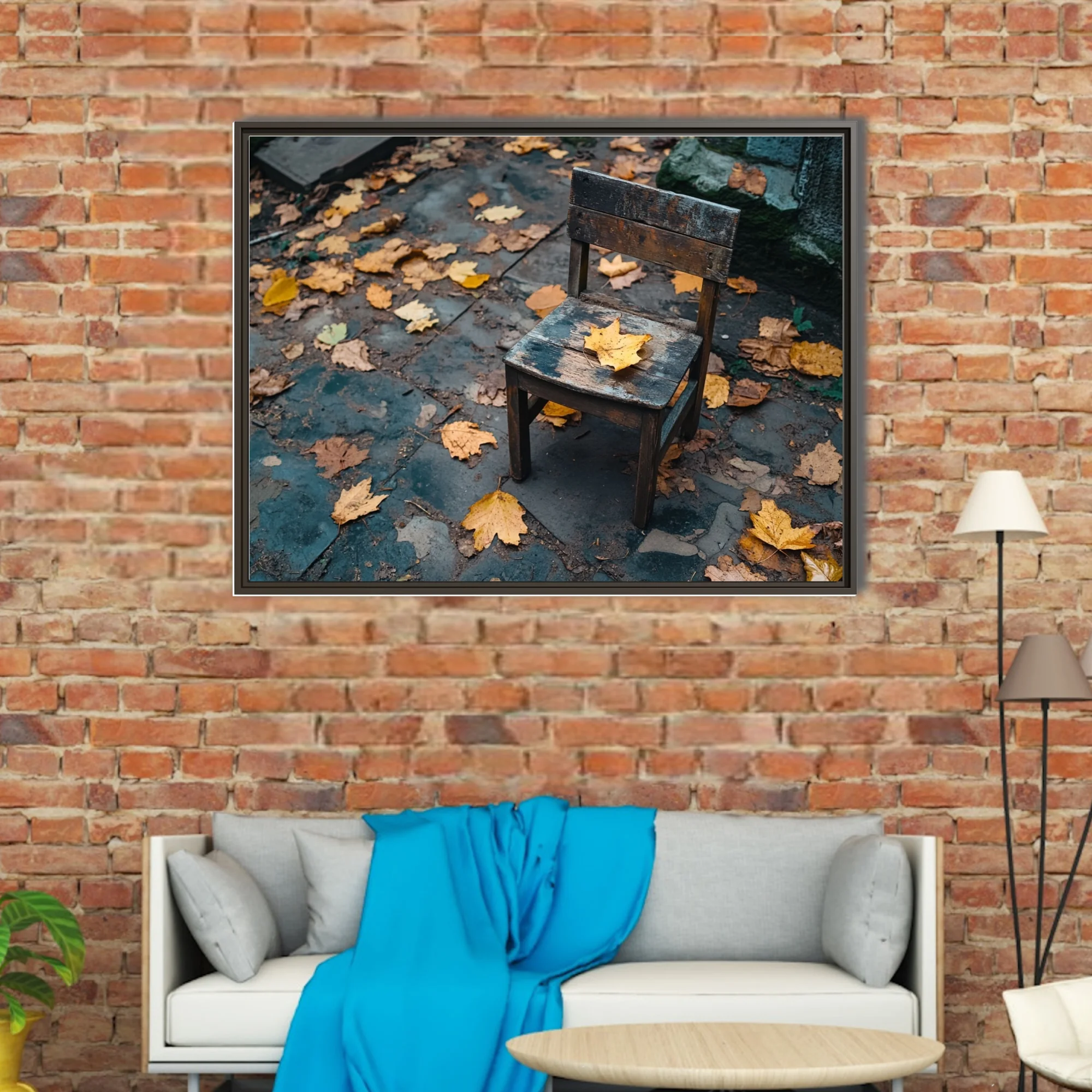 Weathered wooden chair with autumn leaves on mossy stone paving, moody fall palette