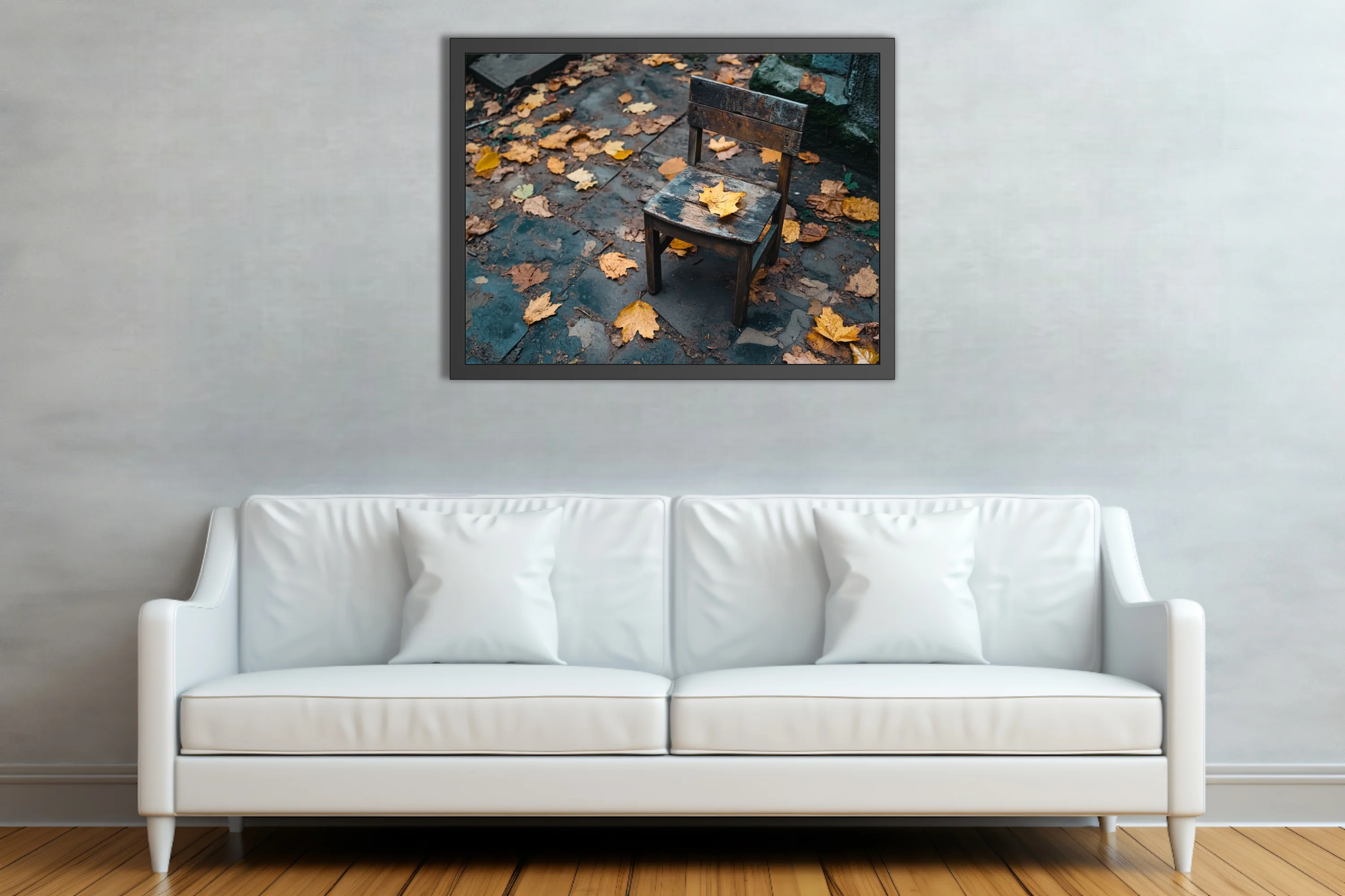 Weathered wooden chair with autumn leaves on mossy stone paving, moody fall palette