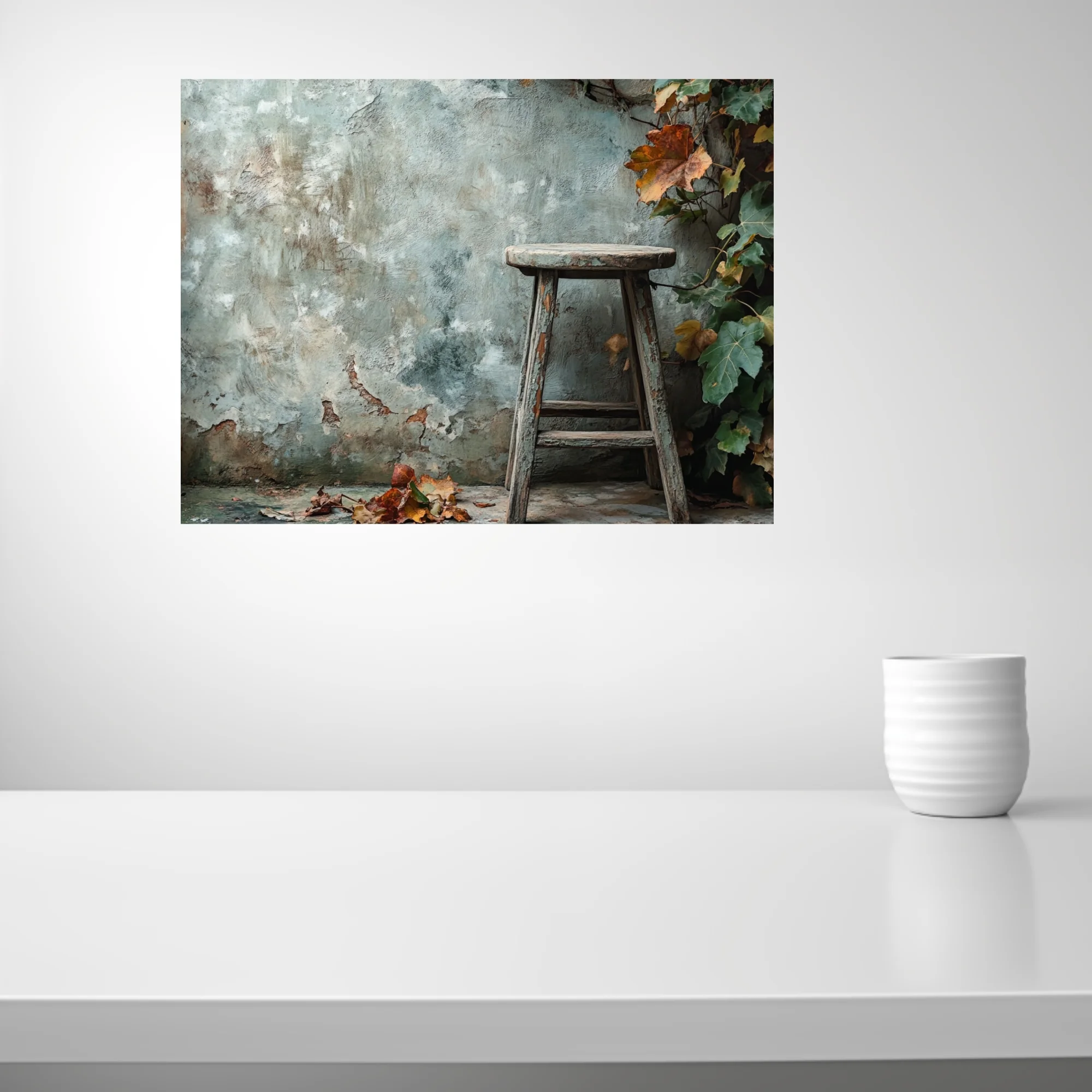 Rustic autumn scene weathered wooden stool peeling plaster wall fall foliage muted tones