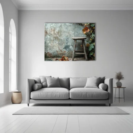 Rustic autumn scene weathered wooden stool peeling plaster wall fall foliage muted tones