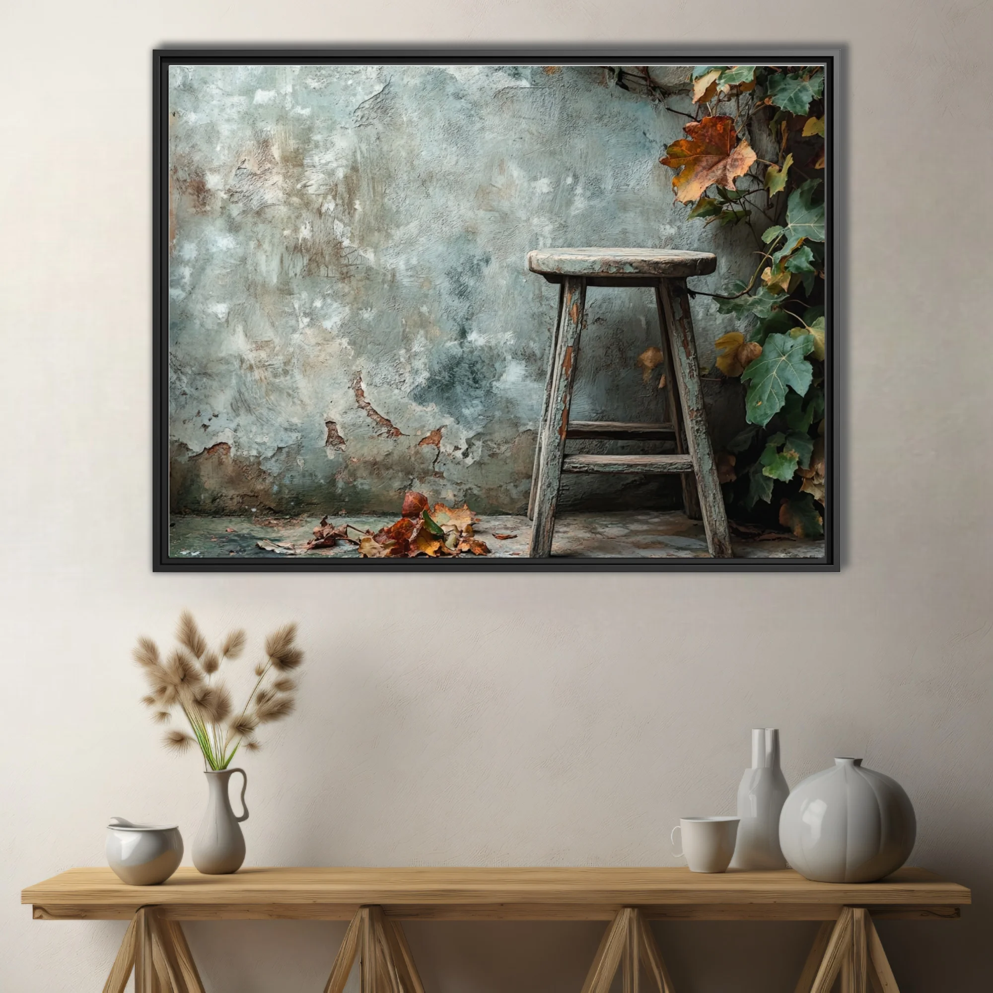 Rustic autumn scene weathered wooden stool peeling plaster wall fall foliage muted tones