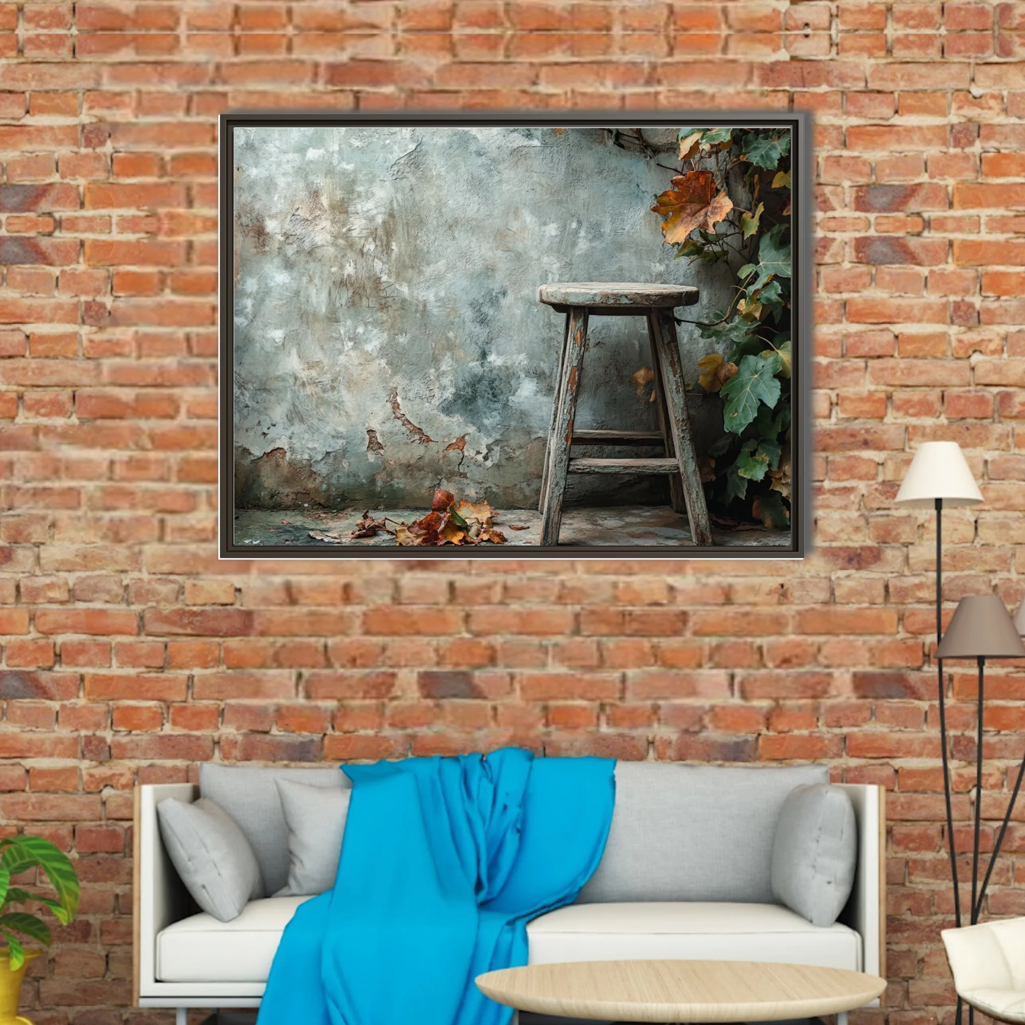 Rustic autumn scene weathered wooden stool peeling plaster wall fall foliage muted tones