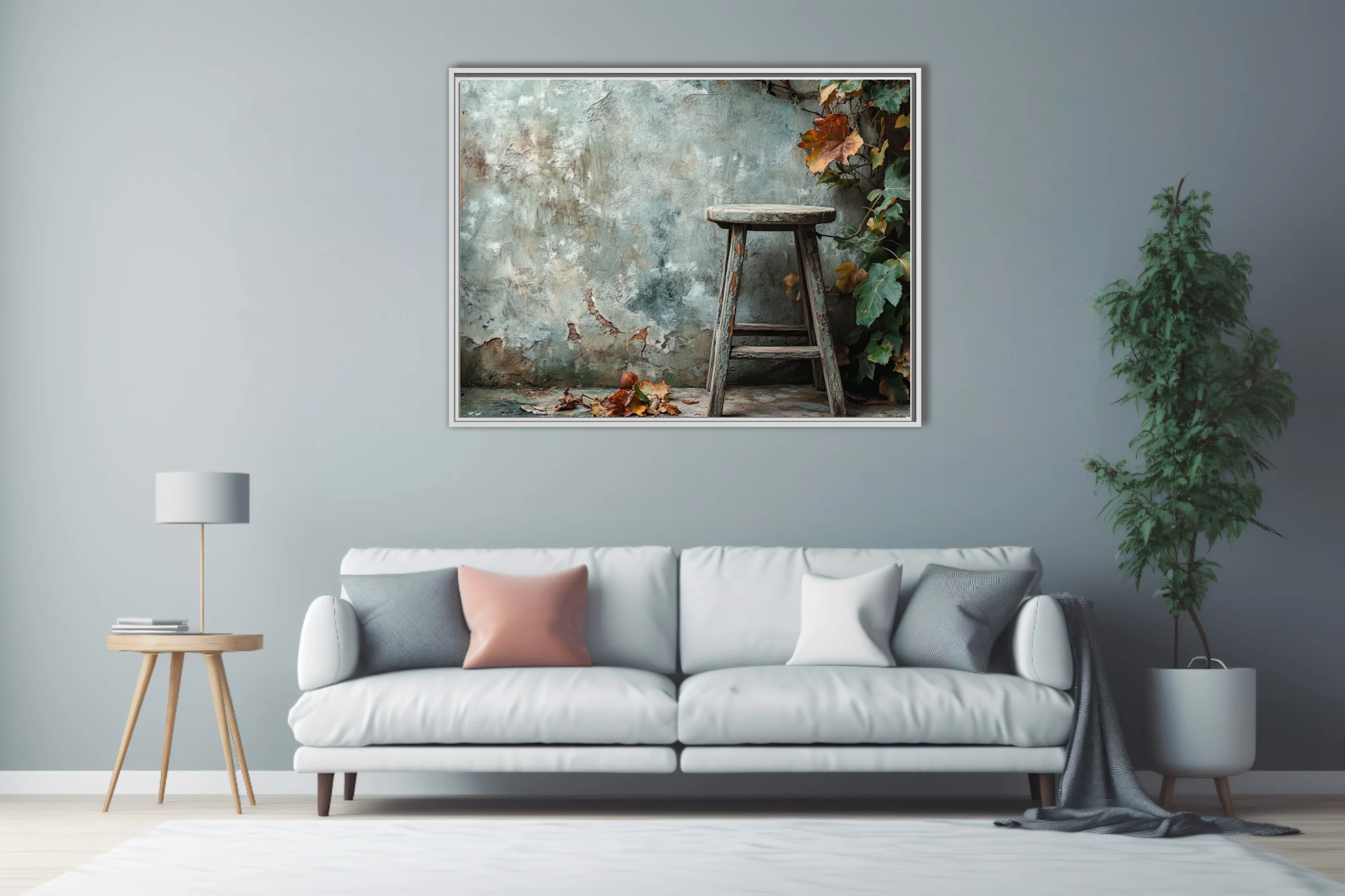 Rustic autumn scene weathered wooden stool peeling plaster wall fall foliage muted tones