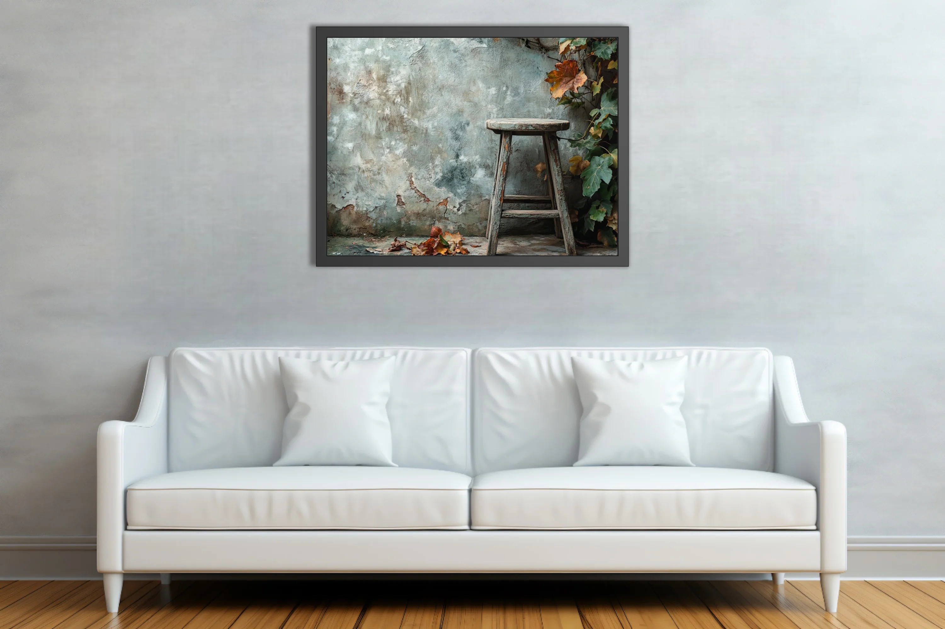 Rustic autumn scene weathered wooden stool peeling plaster wall fall foliage muted tones