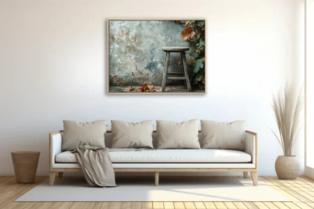 Rustic autumn scene weathered wooden stool peeling plaster wall fall foliage muted tones
