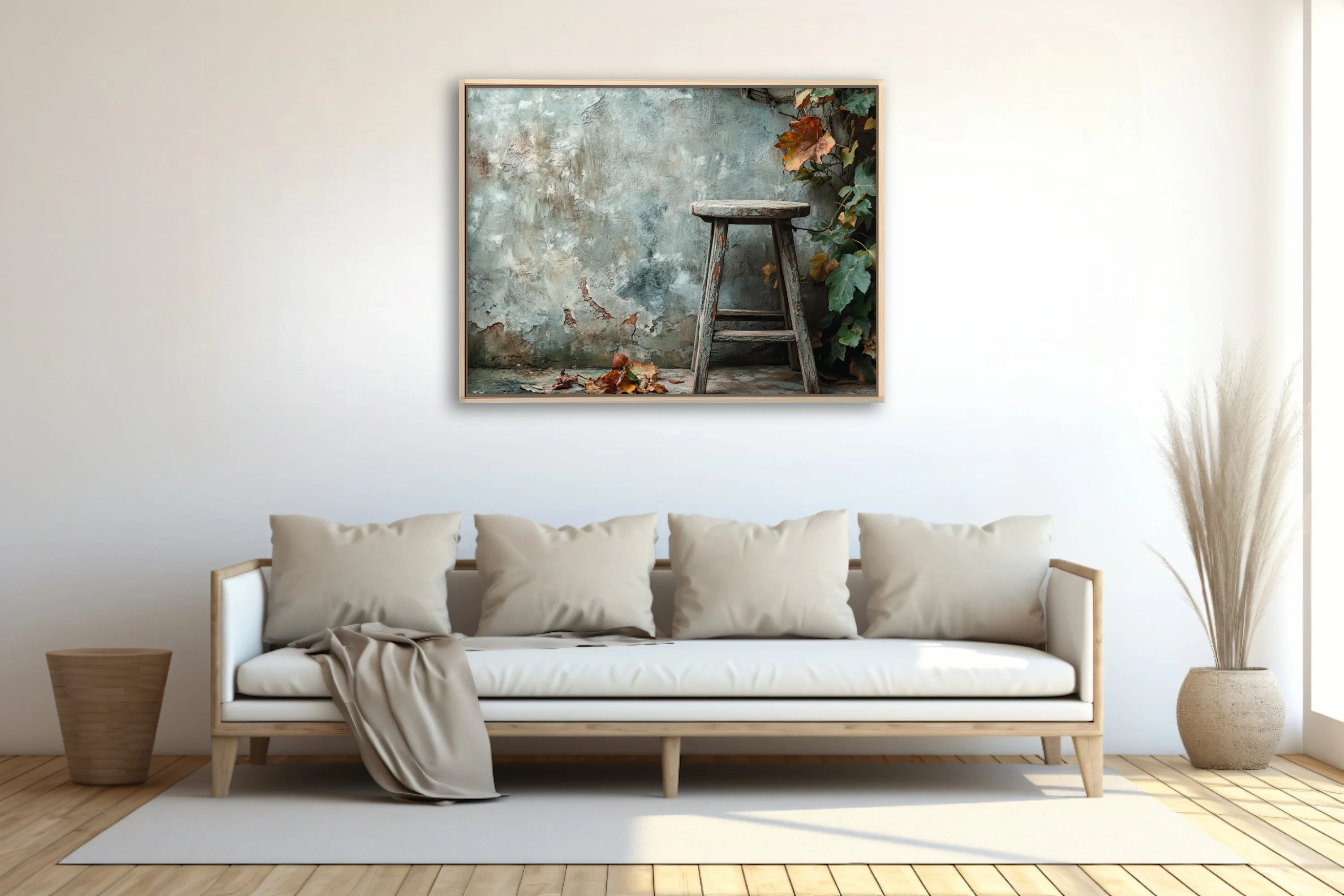 Rustic autumn scene weathered wooden stool peeling plaster wall fall foliage muted tones