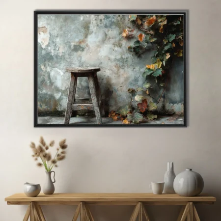 Rustic weathered stool and autumn vines against distressed plaster wall
