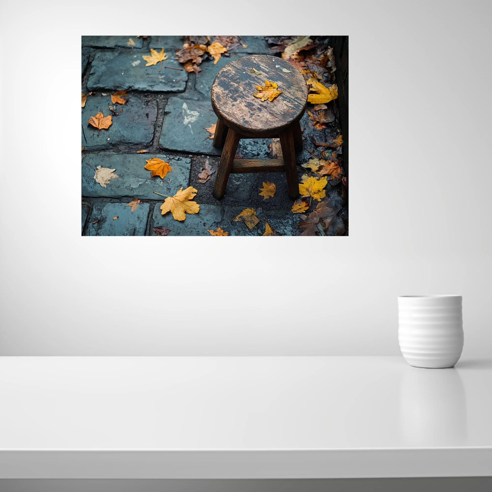 Rustic wooden stool on wet cobblestone with scattered autumn leaves, moody seasonal photo