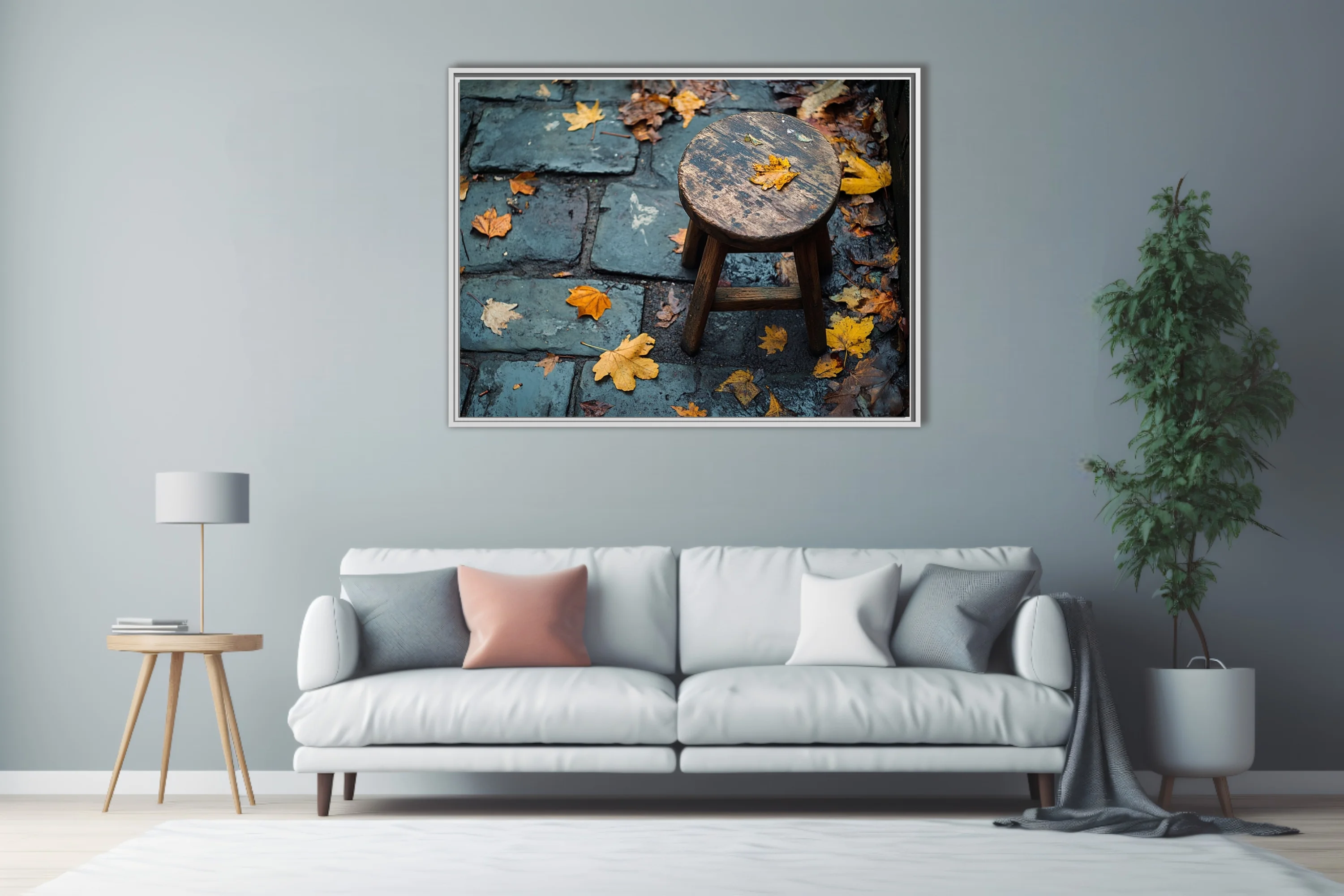 Rustic wooden stool on wet cobblestone with scattered autumn leaves, moody seasonal photo