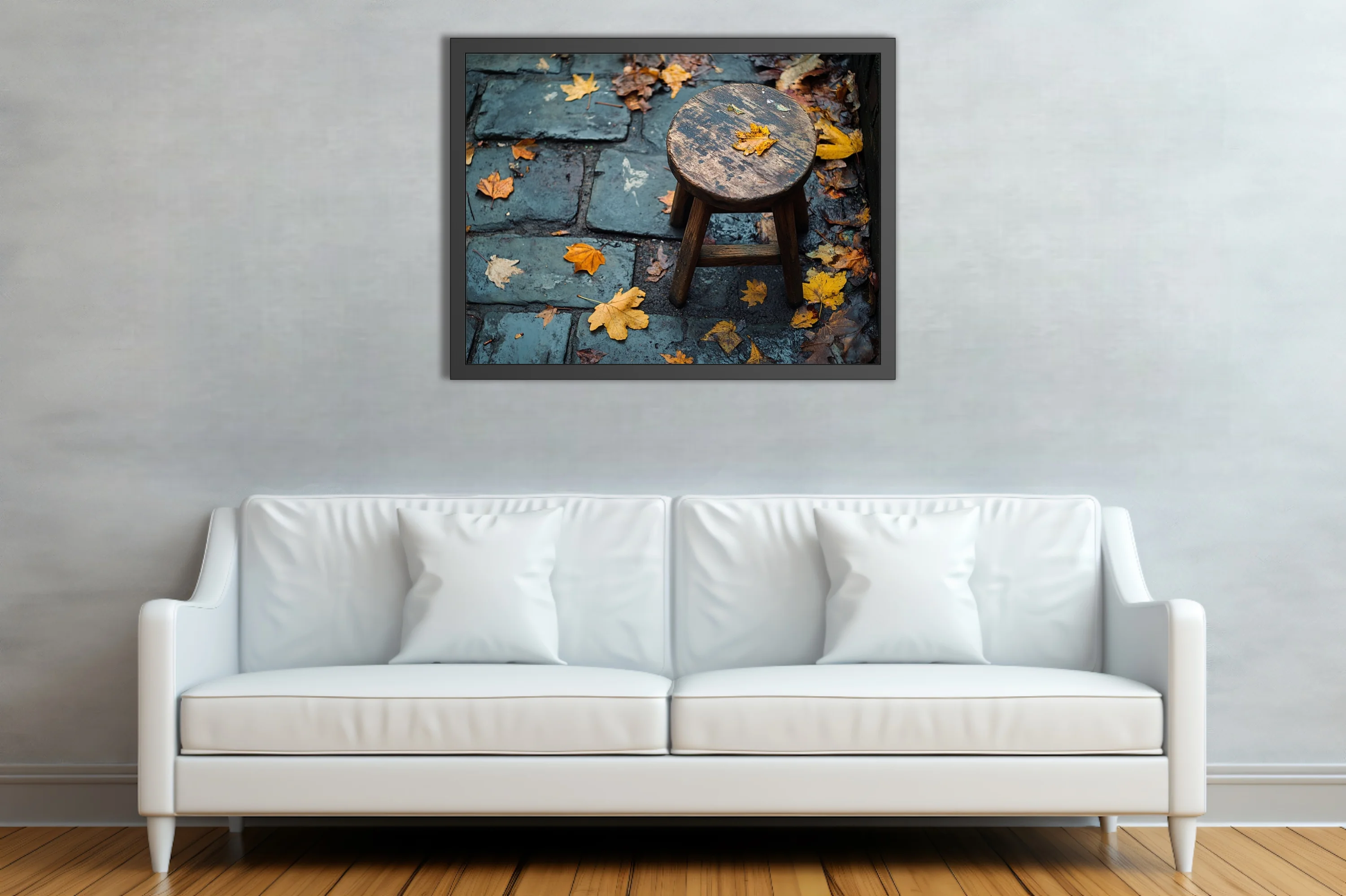 Rustic wooden stool on wet cobblestone with scattered autumn leaves, moody seasonal photo