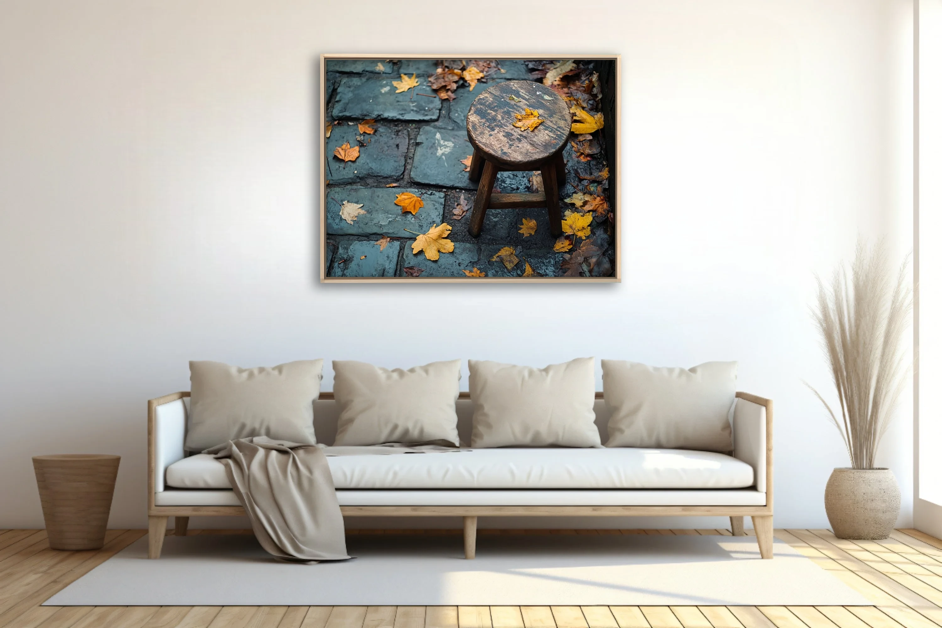 Rustic wooden stool on wet cobblestone with scattered autumn leaves, moody seasonal photo