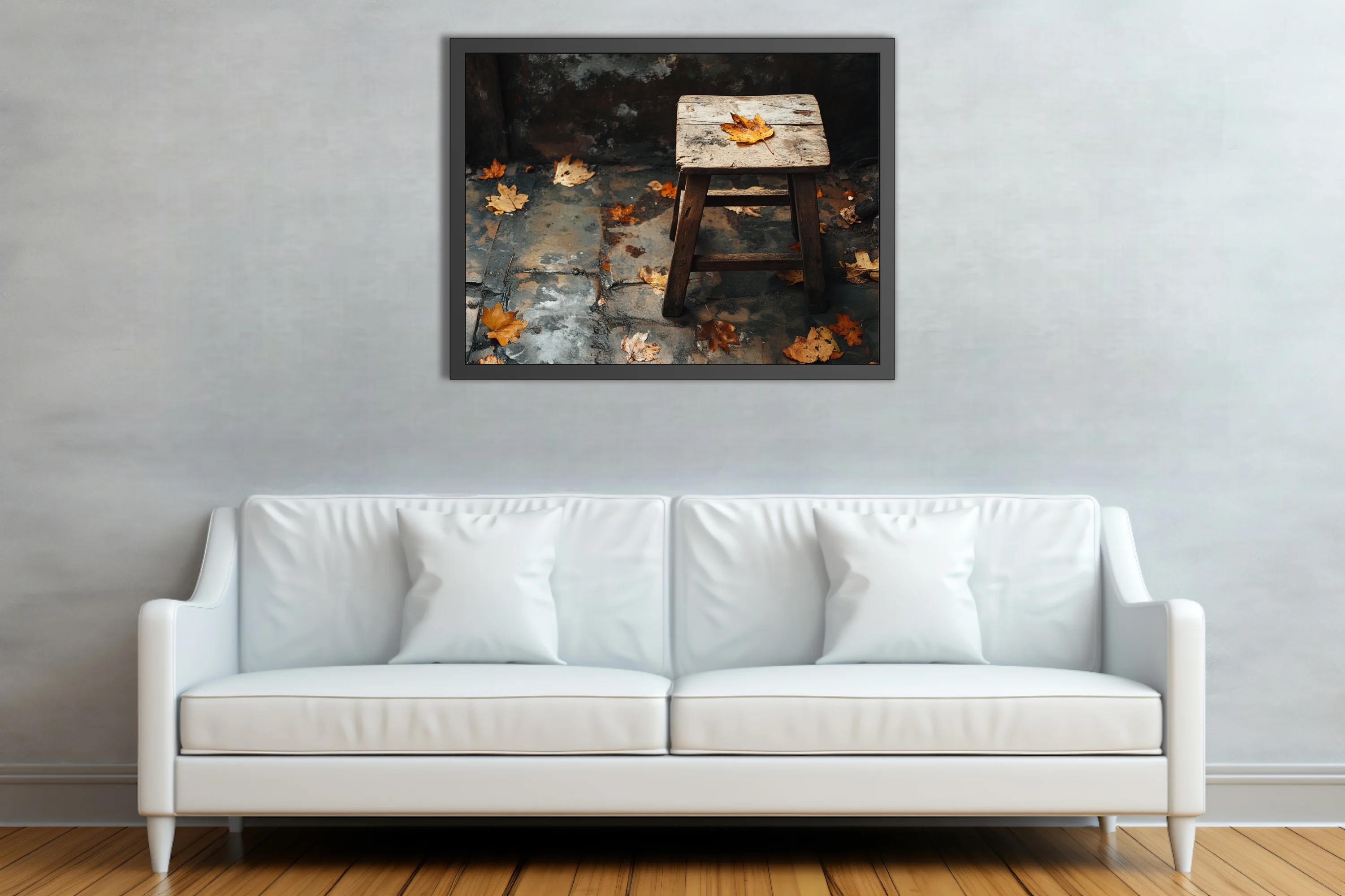 Rustic wooden stool with fallen autumn leaves on weathered stone — moody seasonal still life