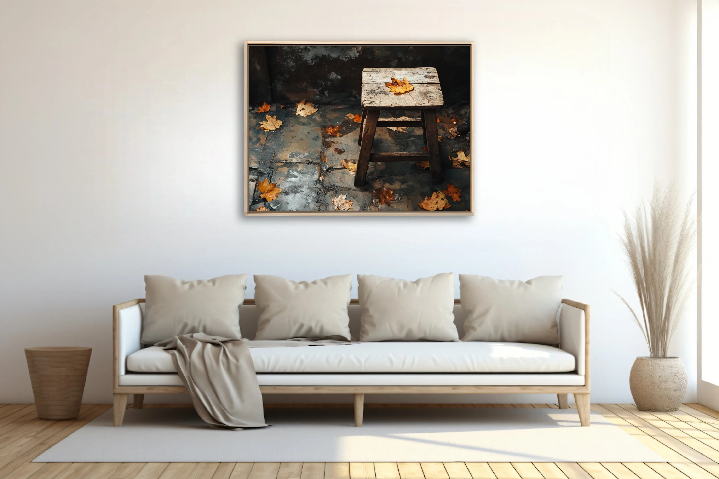 Rustic wooden stool with fallen autumn leaves on weathered stone — moody seasonal still life