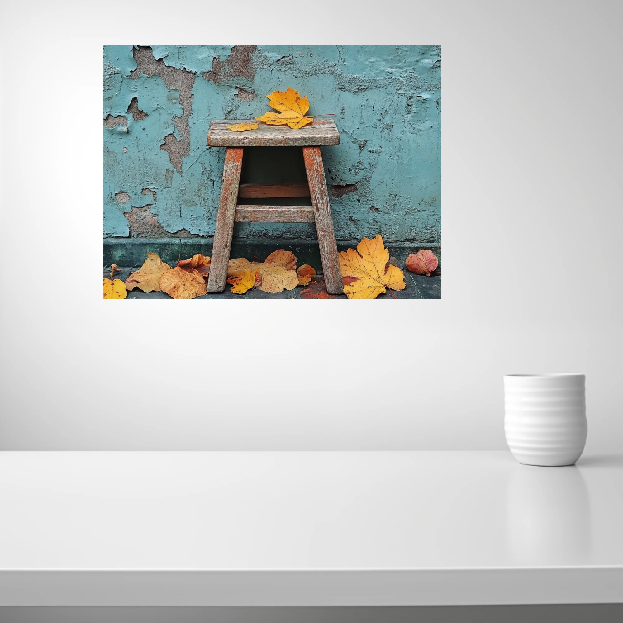 Rustic wooden stool with golden autumn leaves against peeling teal wall