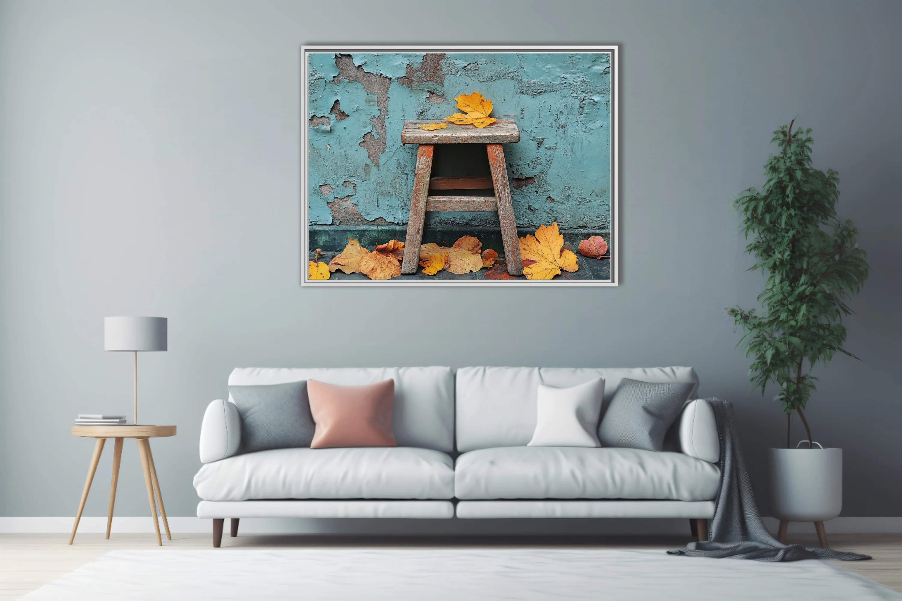 Rustic wooden stool with golden autumn leaves against peeling teal wall