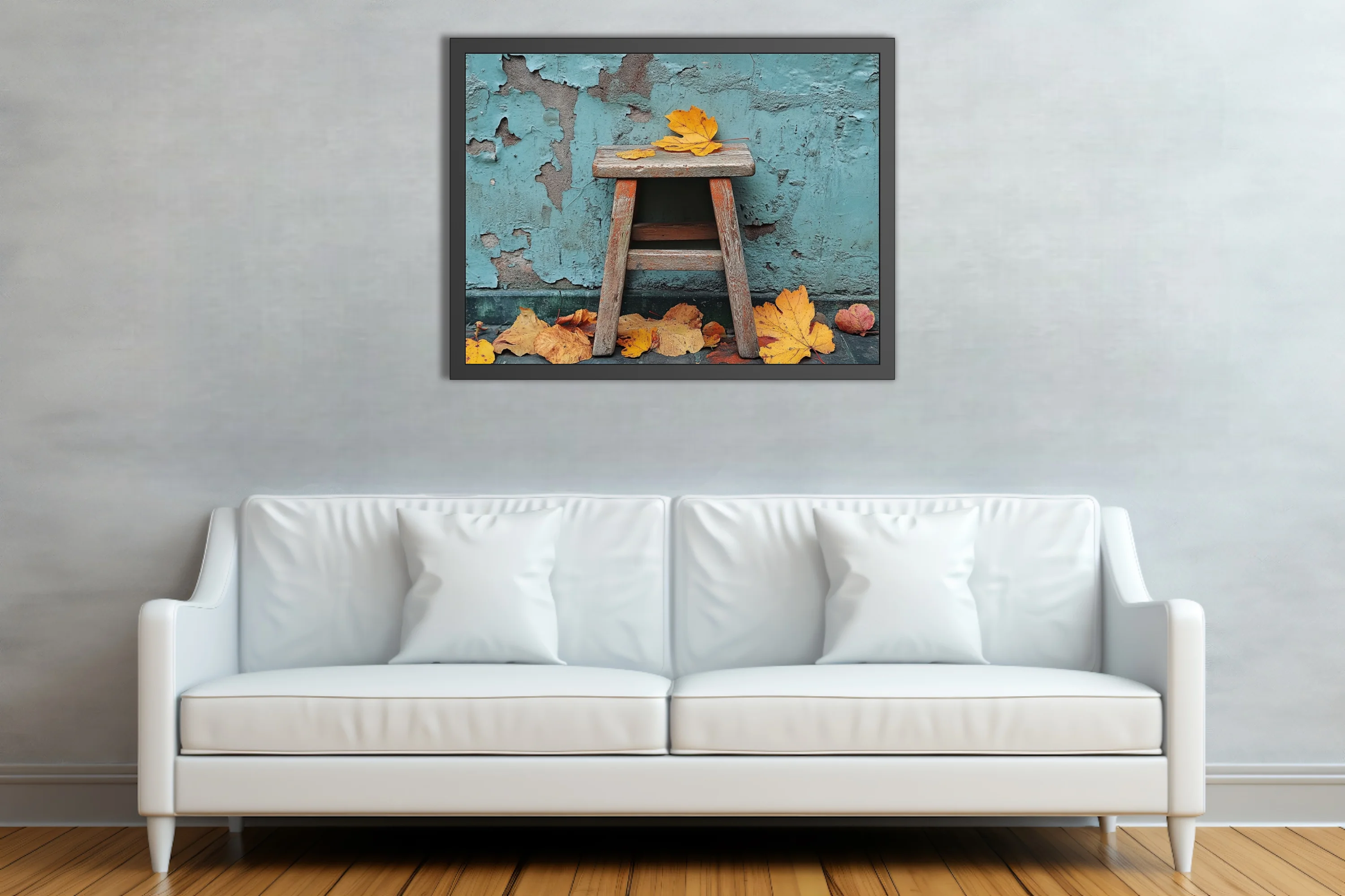 Rustic wooden stool with golden autumn leaves against peeling teal wall