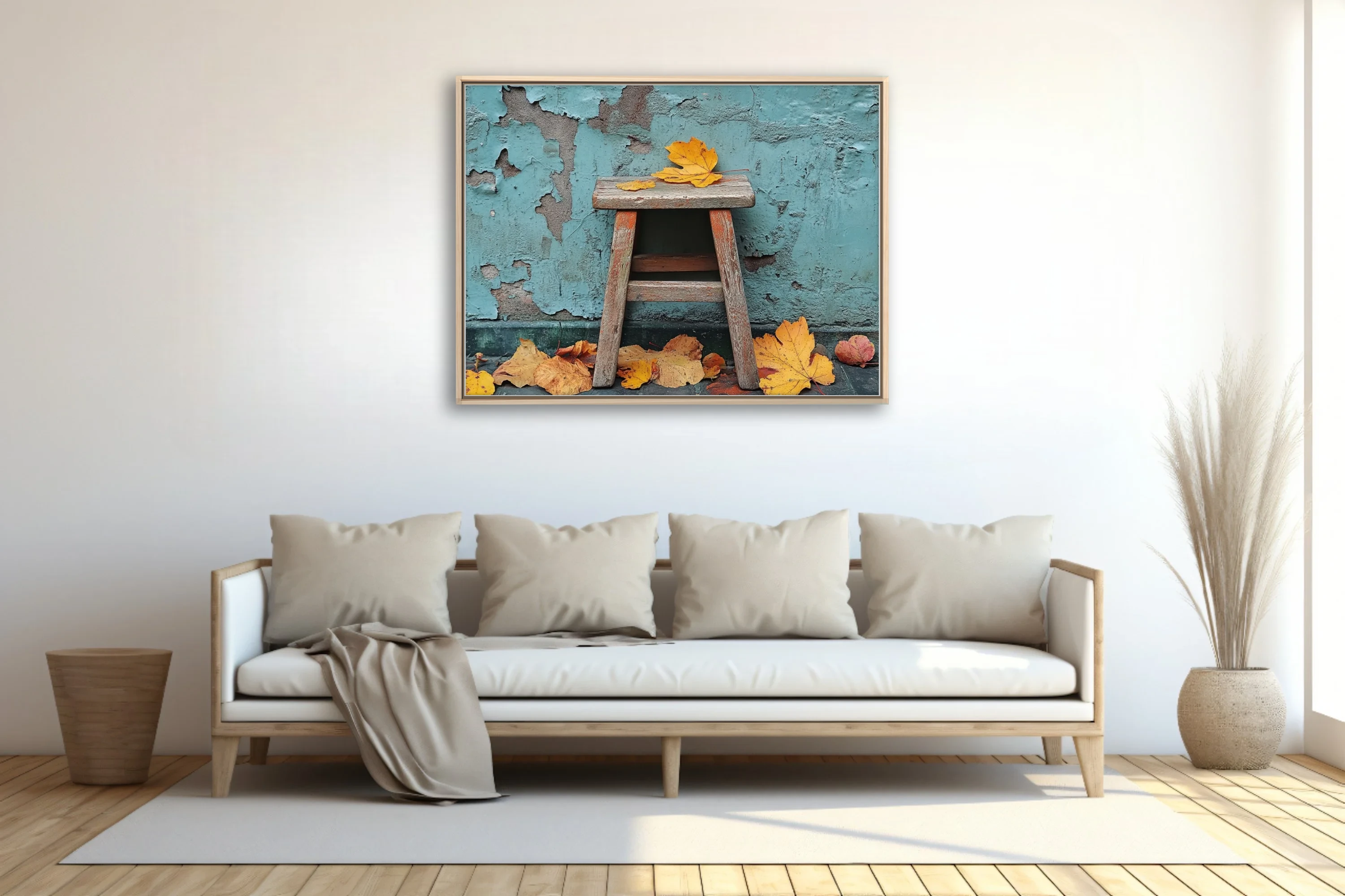 Rustic wooden stool with golden autumn leaves against peeling teal wall