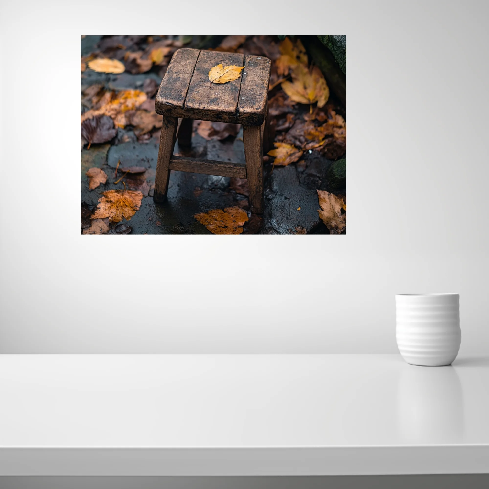 Rustic wooden stool with fallen autumn leaf on rain-wet stone surrounded by foliage