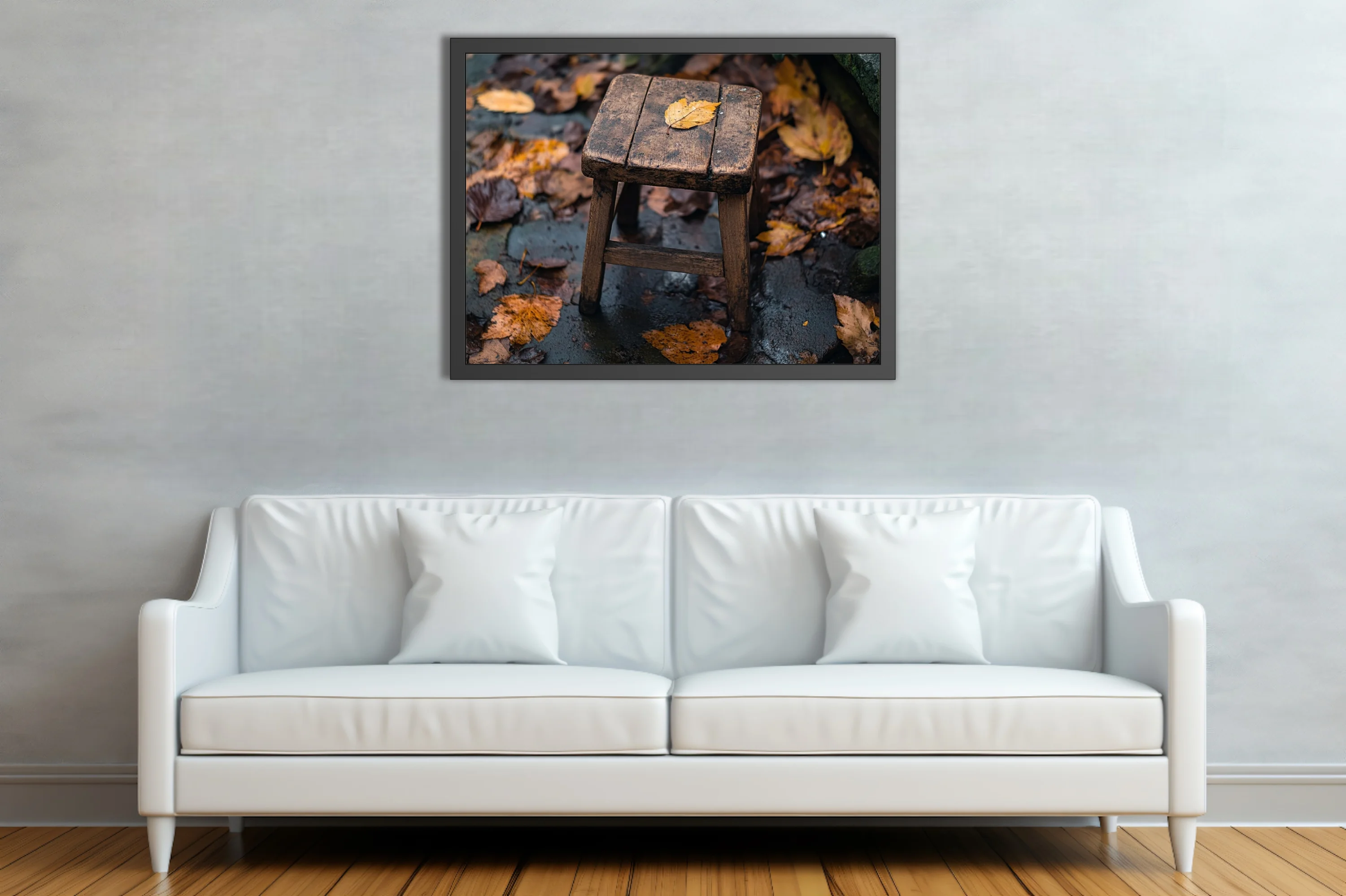 Rustic wooden stool with fallen autumn leaf on rain-wet stone surrounded by foliage