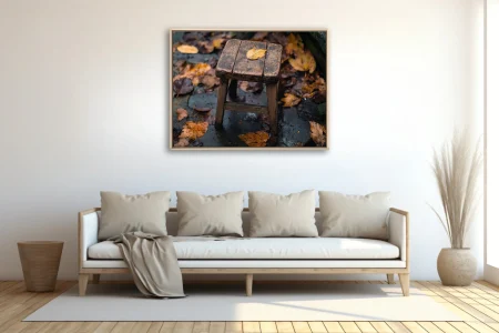 Rustic wooden stool with fallen autumn leaf on rain-wet stone surrounded by foliage