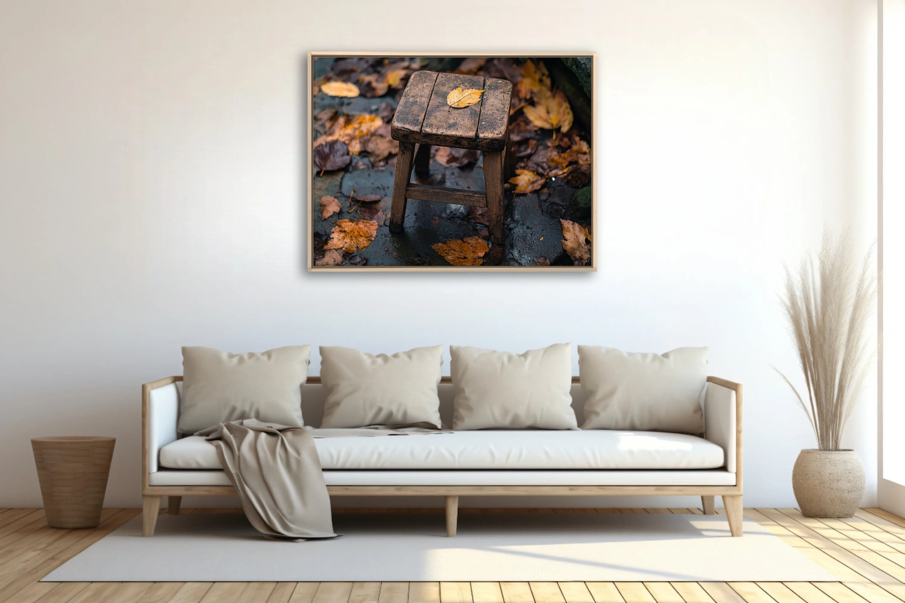 Rustic wooden stool with fallen autumn leaf on rain-wet stone surrounded by foliage