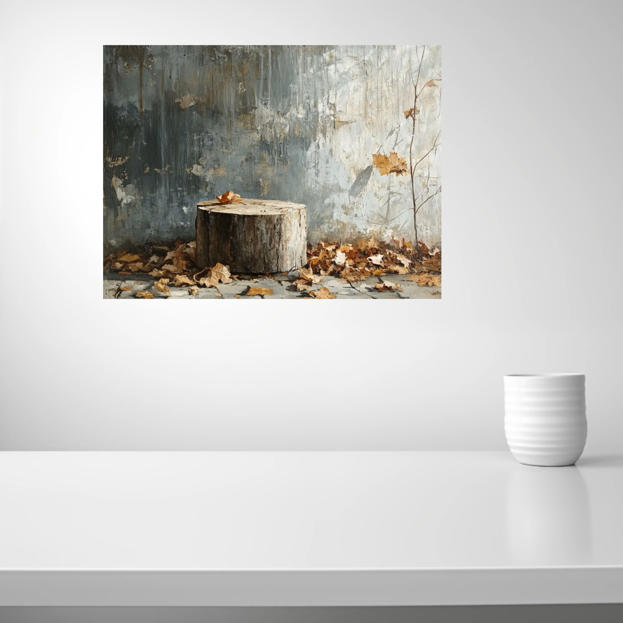 Autumn still life — weathered stump, dry leaves, distressed wall, muted gray palette